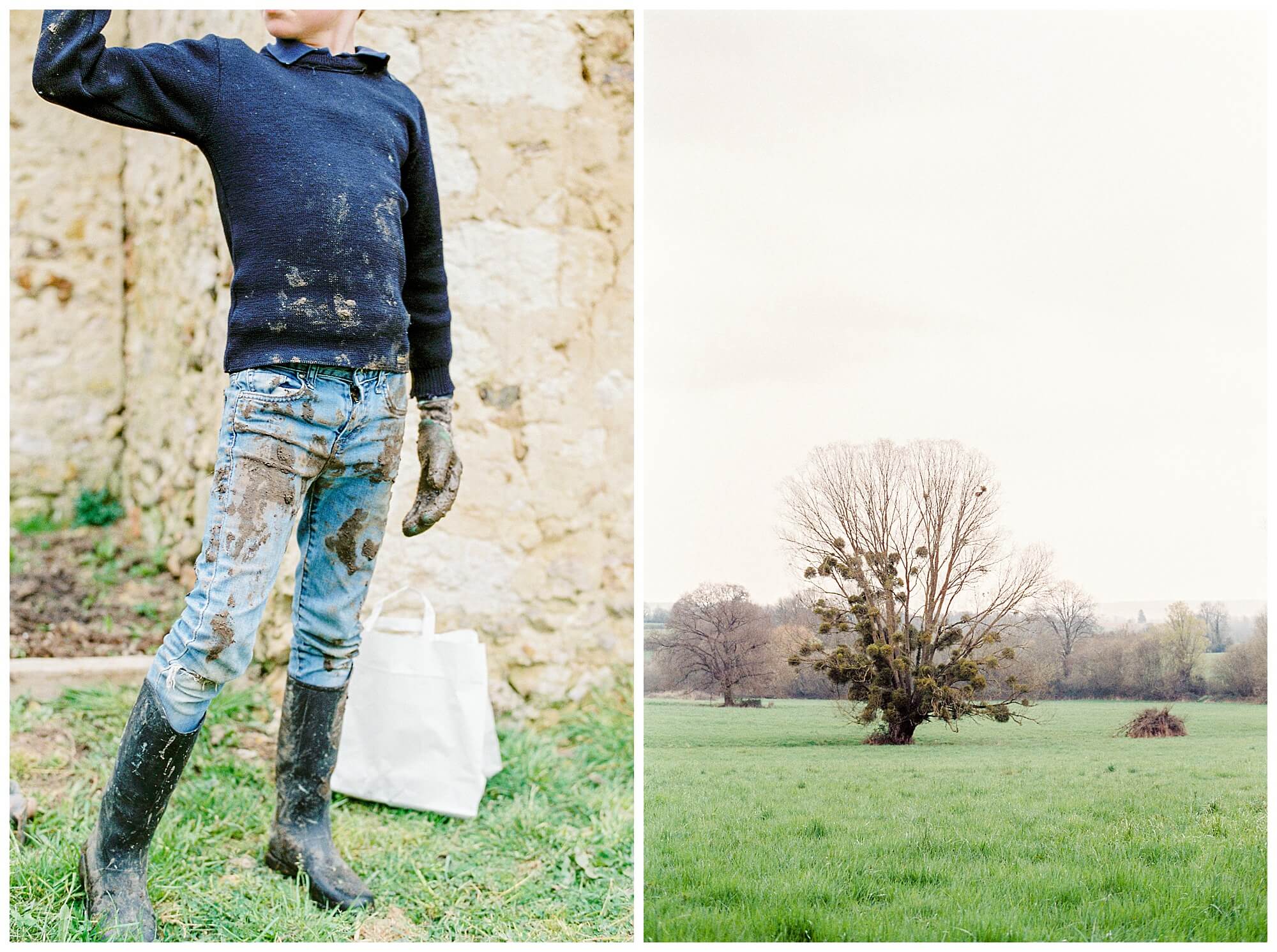Left: The mud-splattered front of a young boy wearing a navy sweater, jeans, and rubber boots. Right: The bare willow tree in the large grassy field on a cold March morning. 
