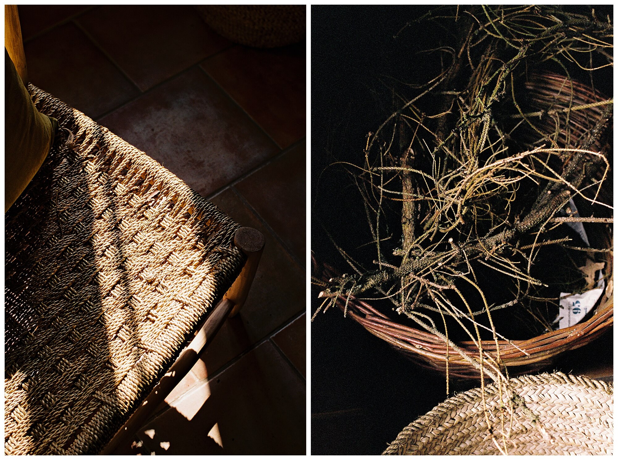 Left: Morning light casts a shadow on a woven wood chair. Right: Fading sunlight falls on a mess of branches in a wooden basket.