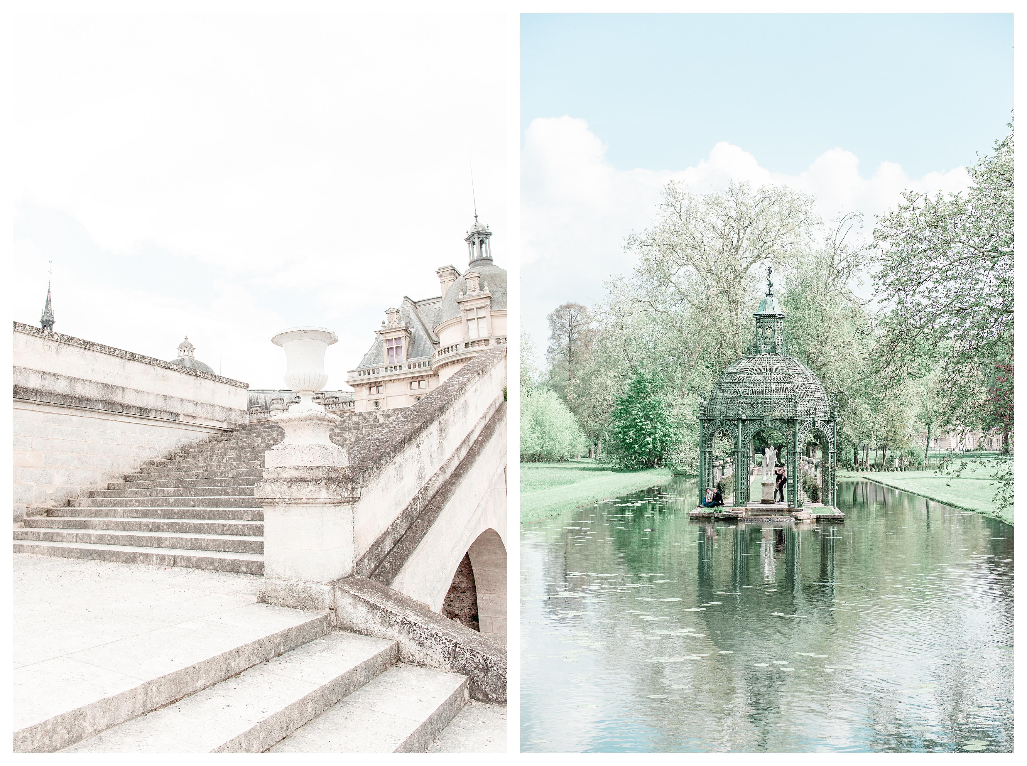 left: the stairs at the château de chantilly right: a pavilion in the middle of a canal in the gardens.