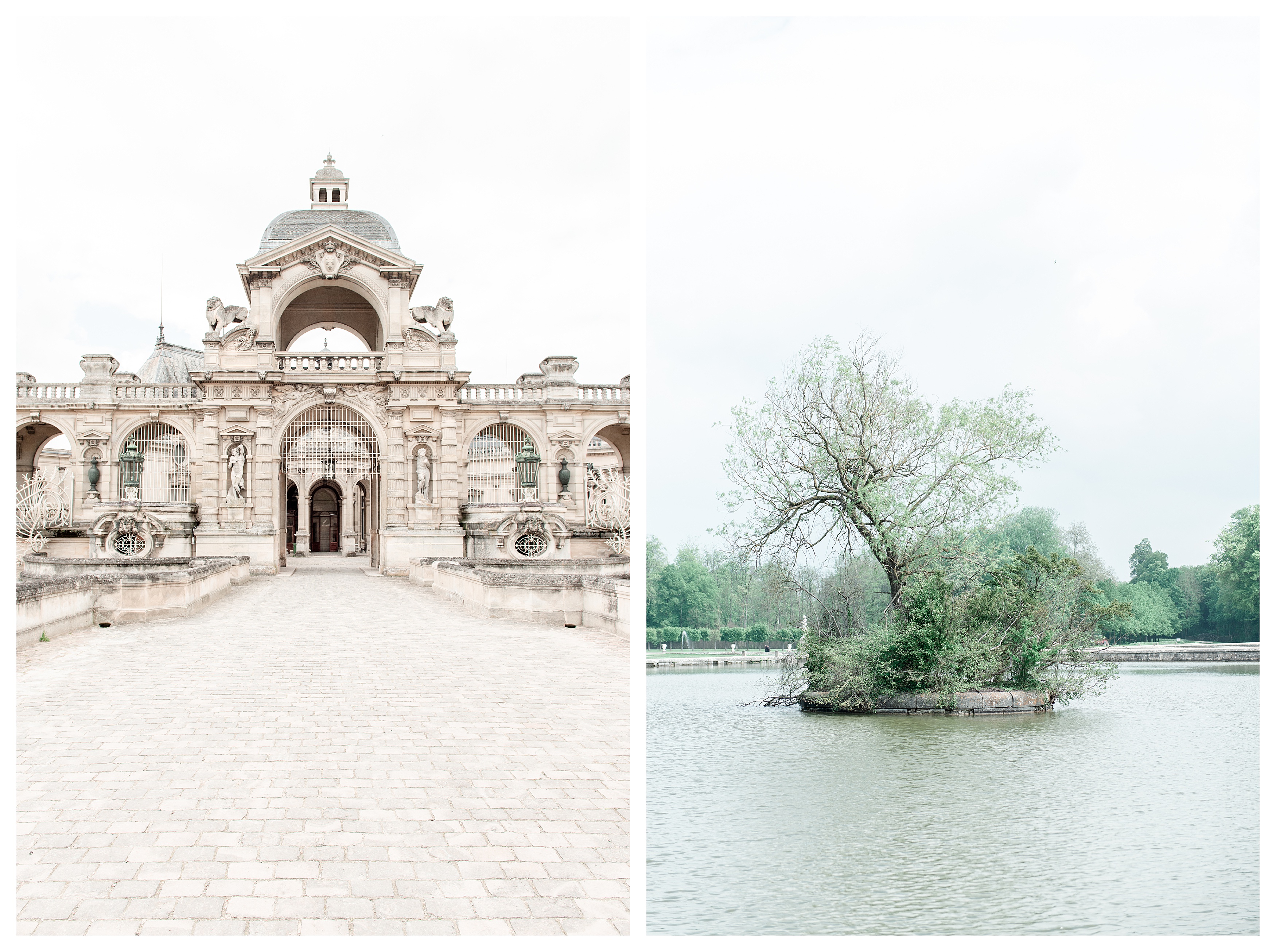 left: the entrance of the château de chantilly. right: a tree grows on a pavilion in a small lake on the property.