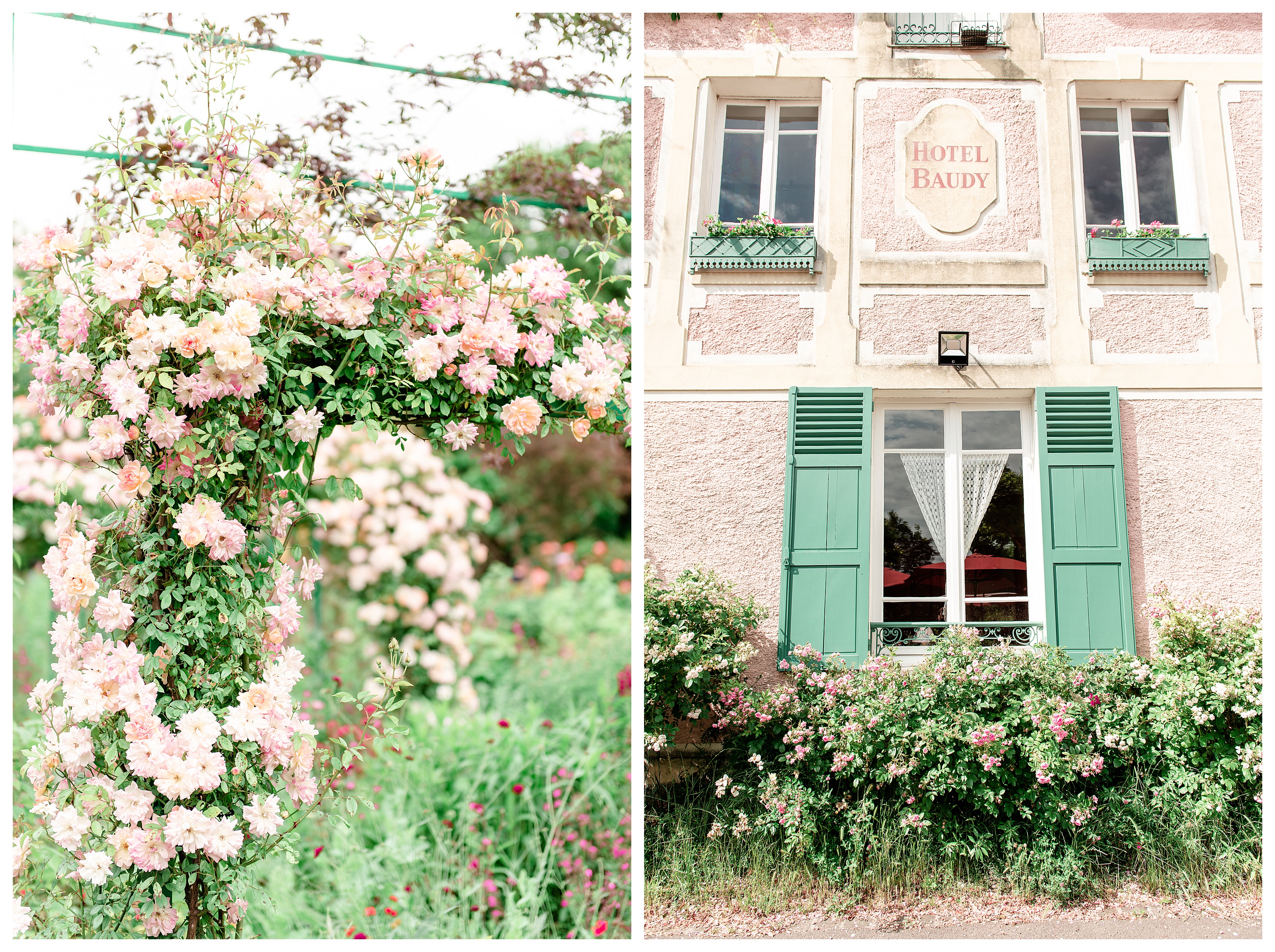 left: pink flowers climb up a trellis in monet's garden. right: a pink hotel bed and breakfast in giverny.