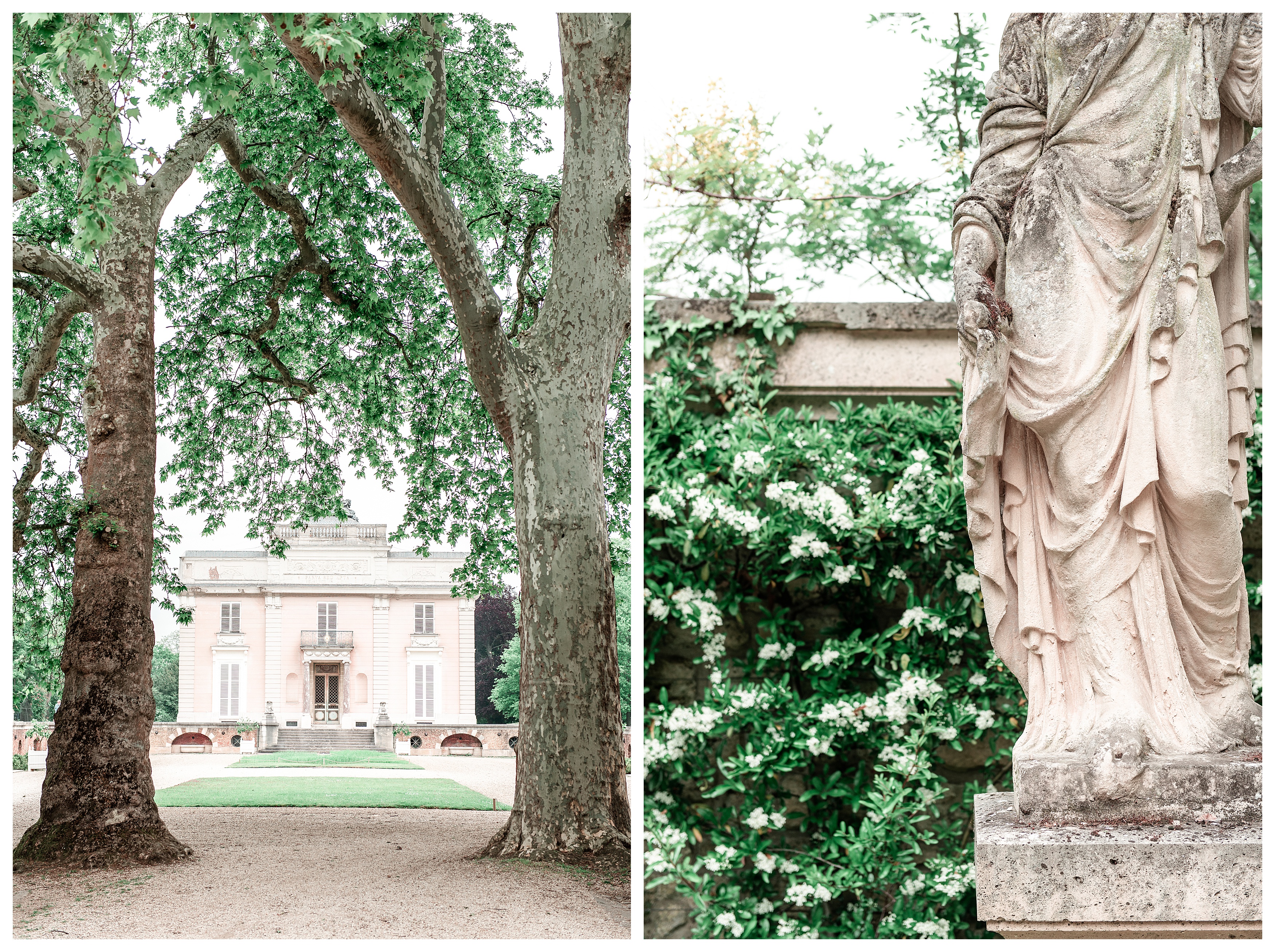 left: chateau in the parc de bagatelle right: statue standing against white flowers