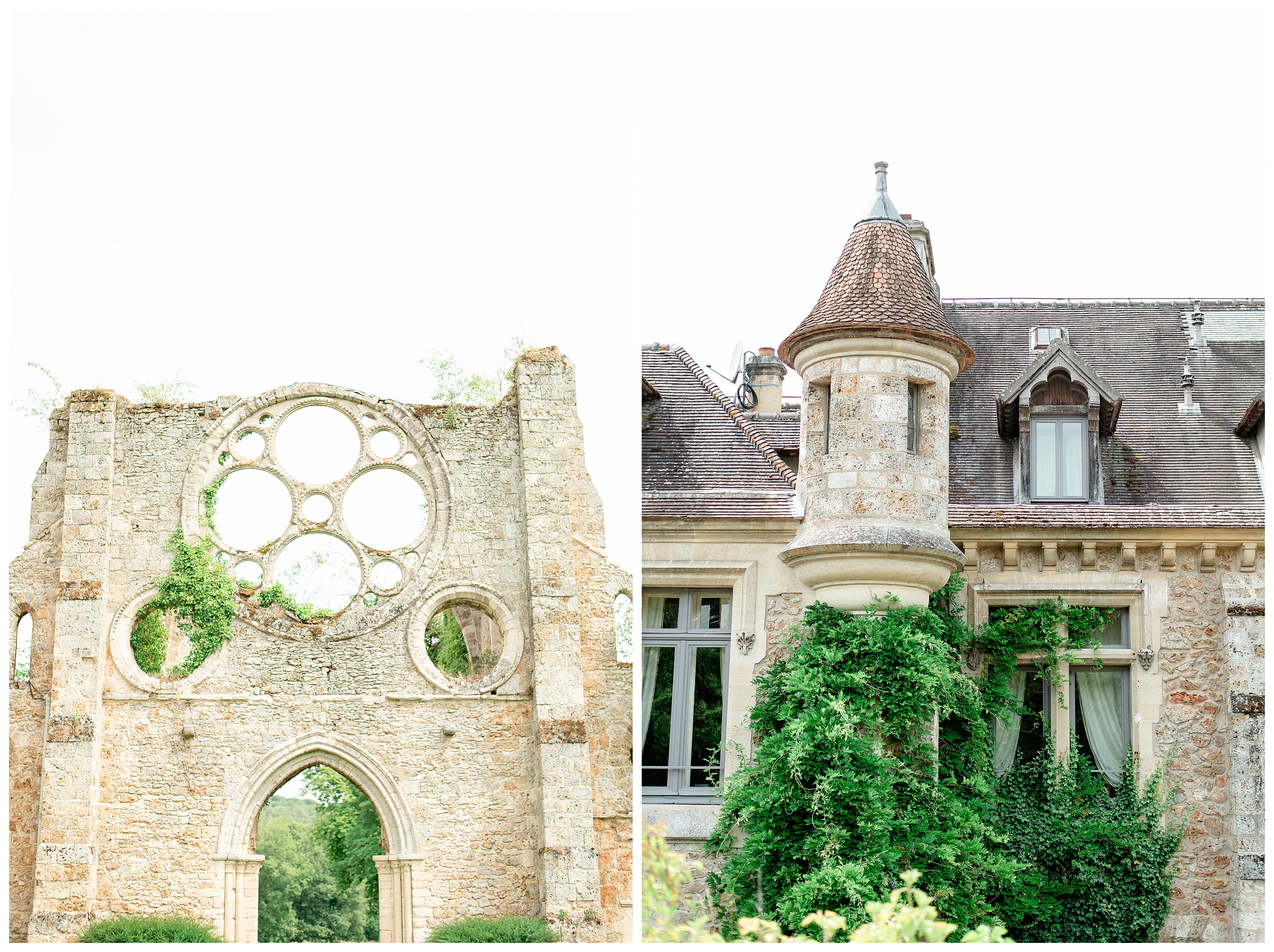 left: ruins of the abbaye des vaux de cernay right: turret and vine-covered walls of the hotel on the grounds