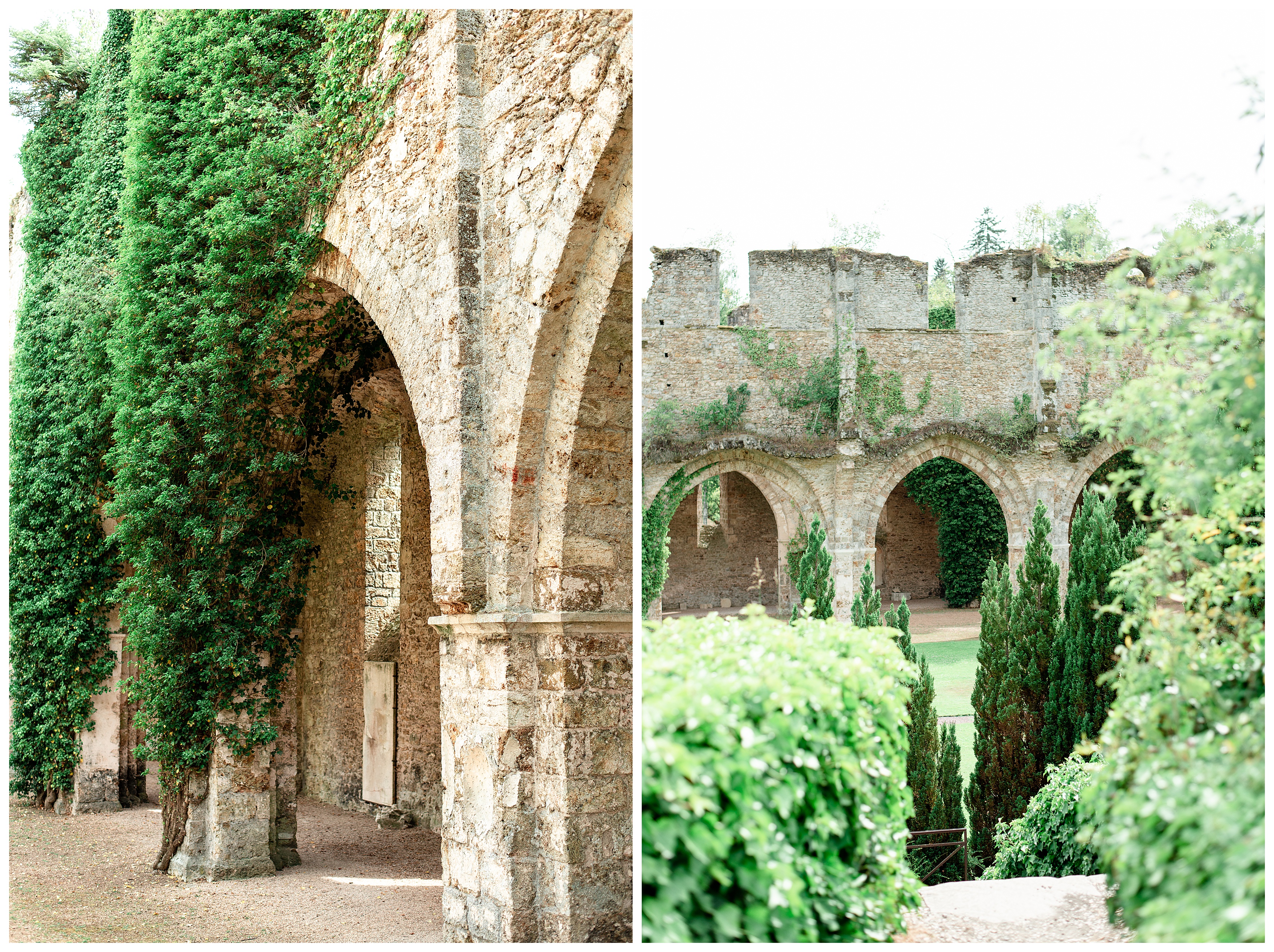 the ancient ruins of the abbaye des vaux de cernay are now overrun with vines, ivy, and trees