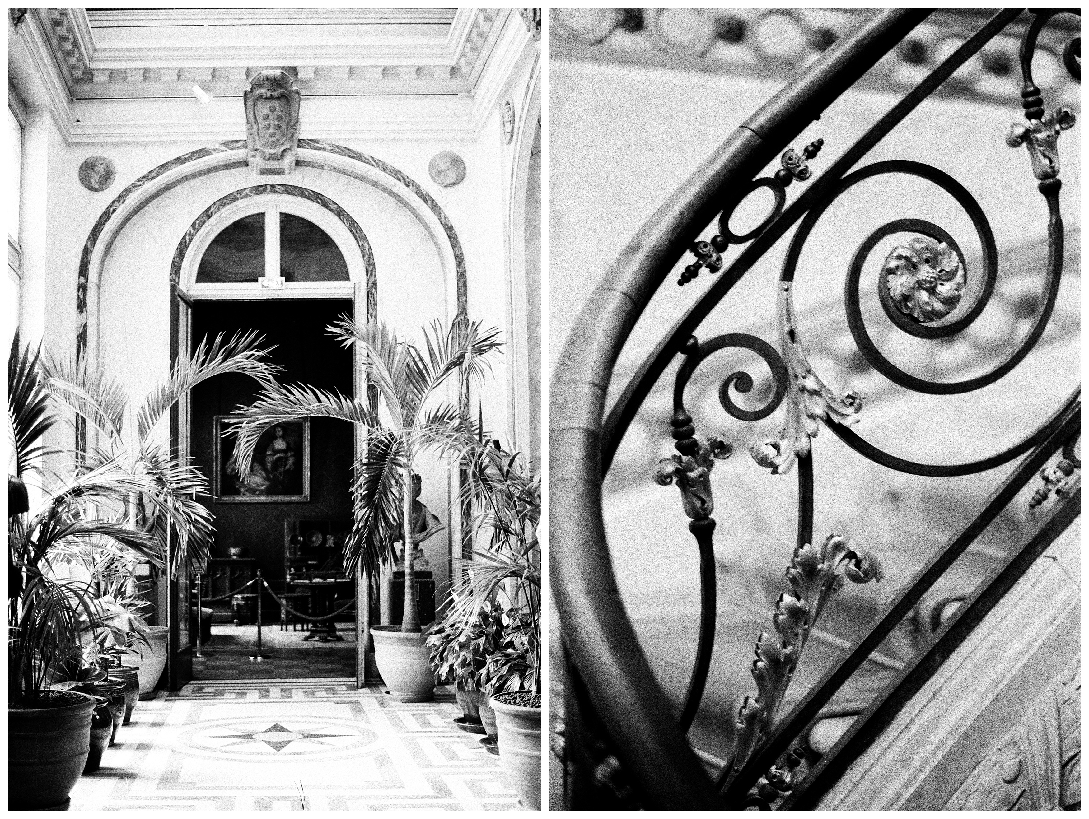 left: indoor garden at the musée jacquemart-andré right: details of the wrought-iron bannister