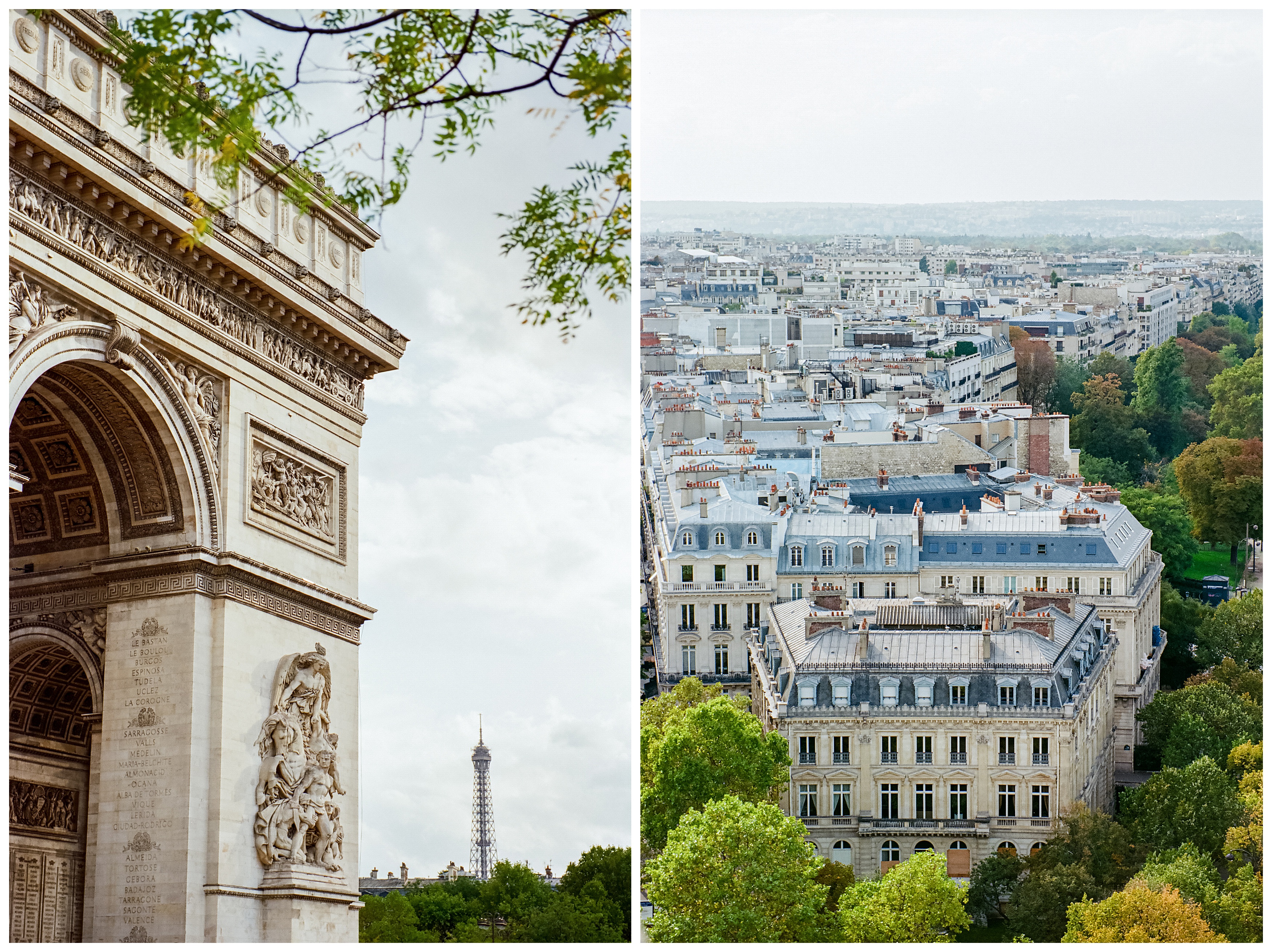 left: arc de triomphe with eiffel tower in the distance right: paris rooftops in the 8th arrondissement
