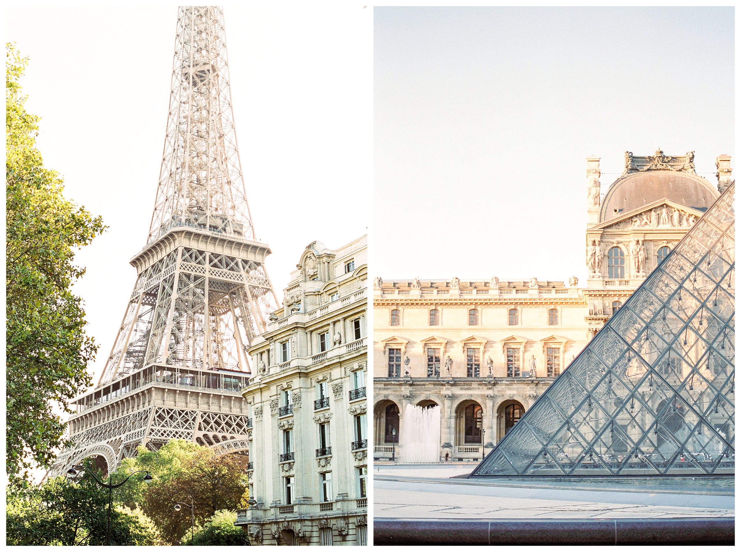 On the left: The Eiffel Tower gleams at sunrise from the Quai de Branly in Paris, as sunlight gleams off the treetops. On the right: The morning sunlight pours into the courtyard of the Louvre with the iconic glass pyramid in the center.