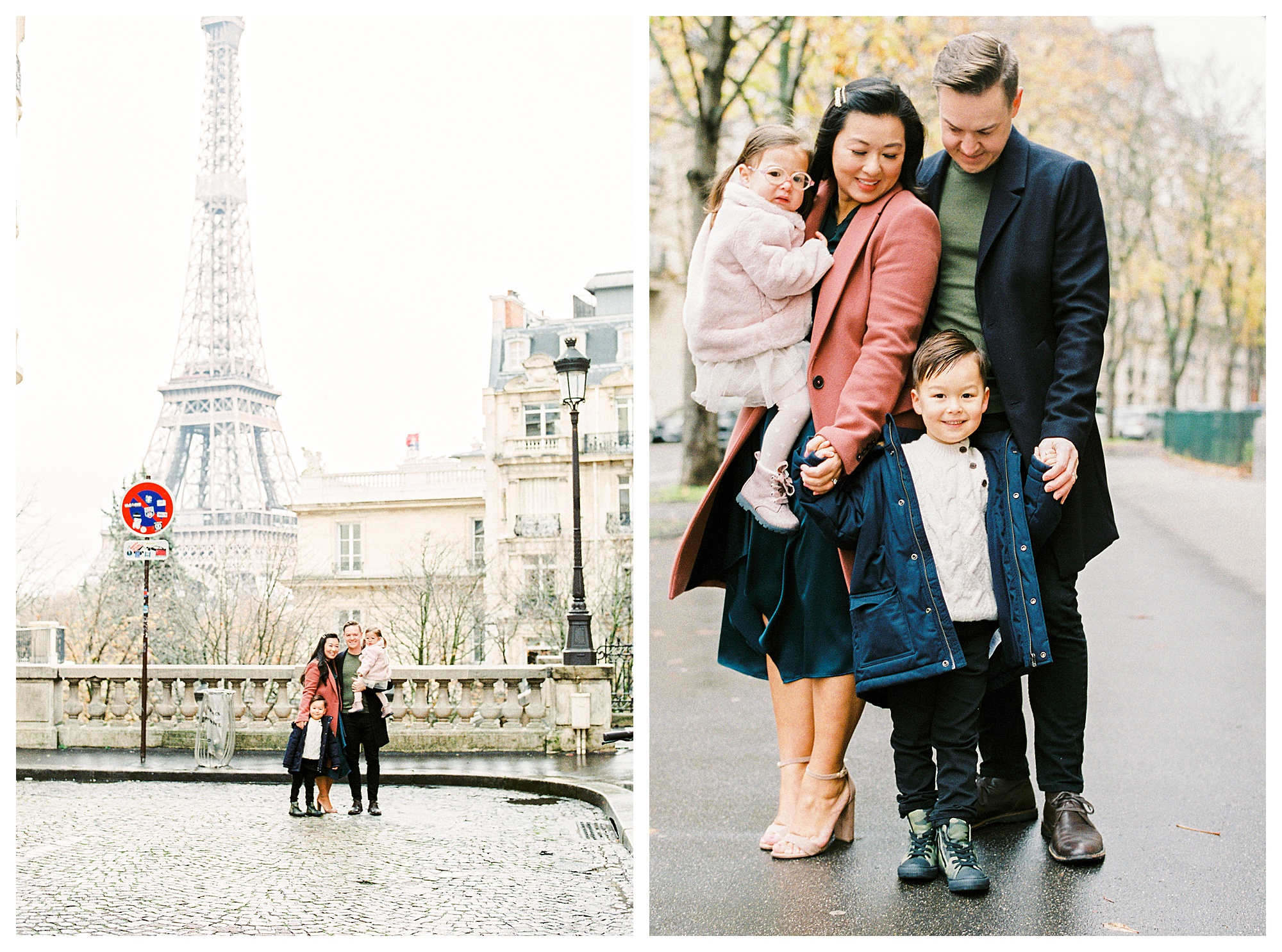 Family of four smiling in front of the Eiffel Tower