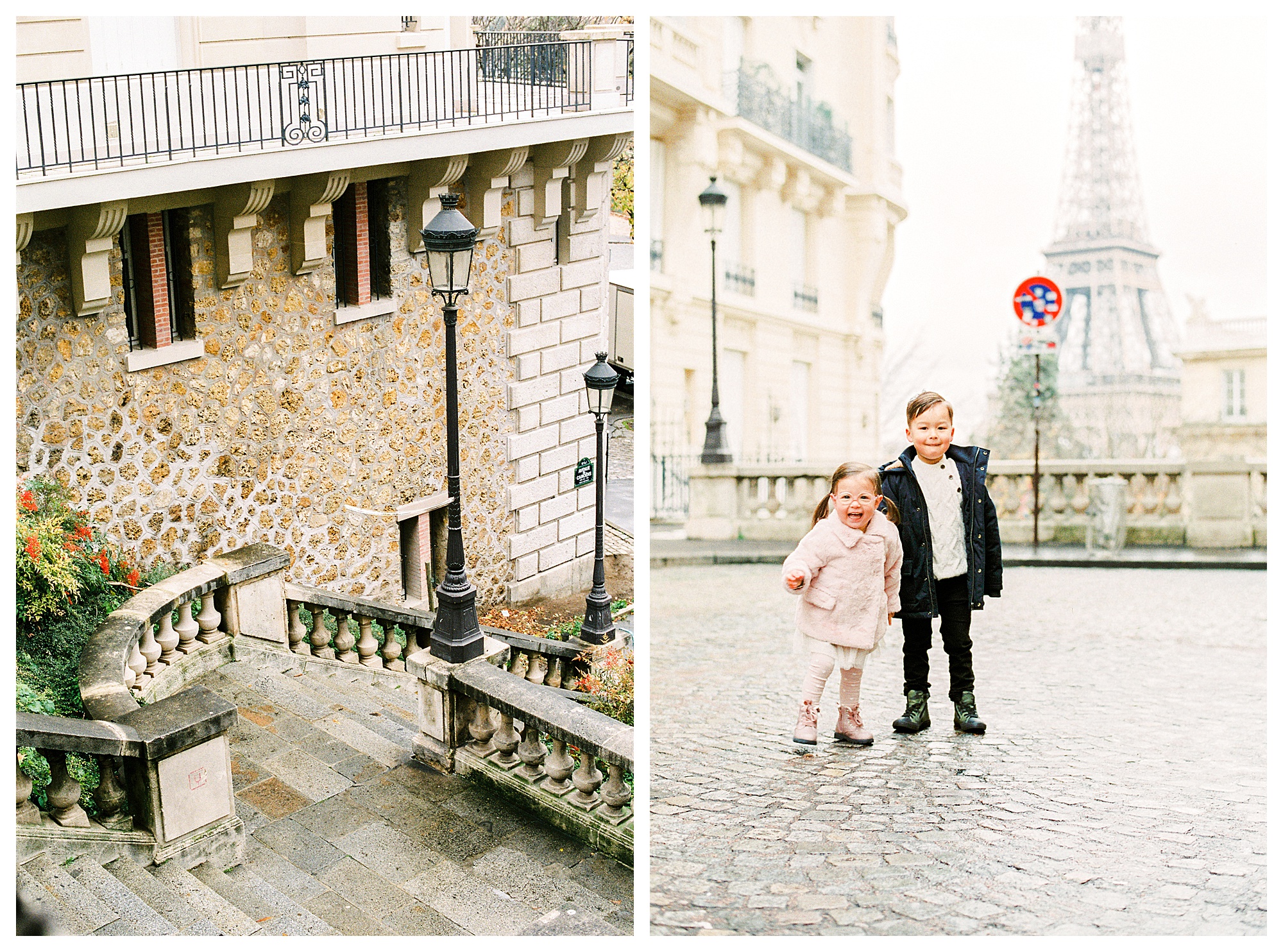 Two children standing in front of the Eiffel Tower