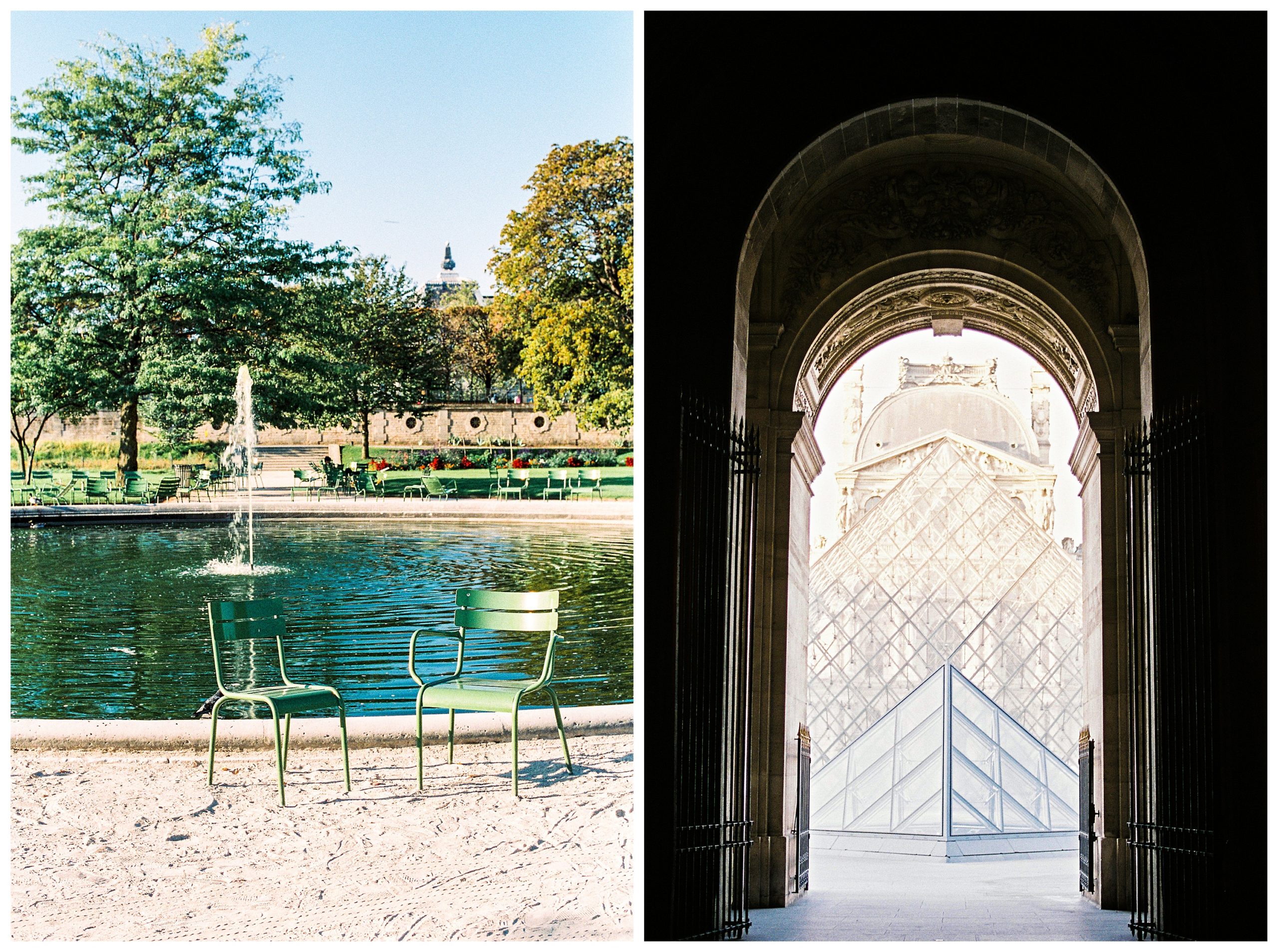 On the left: full sun on a September morning in the Jardin des Tuileries, with two empty chairs sitting beside the splashing fountain. On the right: The majestic archway of the Louvre frames a view of the glass pyramid. 
