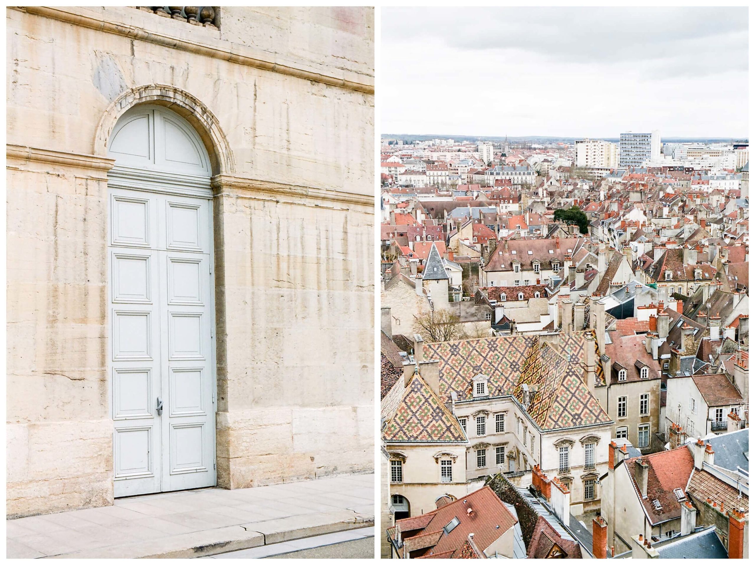 left: beautiful blue door of the palais des ducs, the palace of the dukes of burgundy in dijon, france right: tiled rooftops in dijon in their famous colors of gold, green, and red