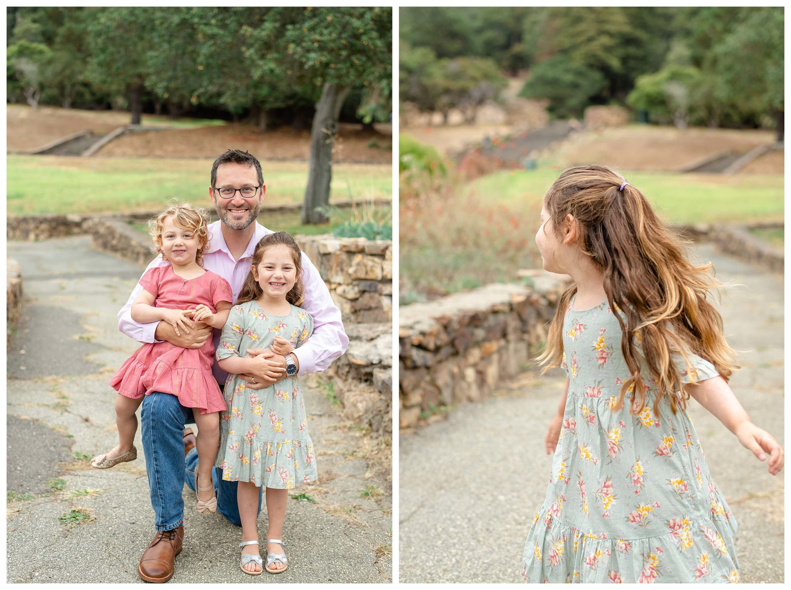 Left: A father kneels on the ground, hugging one daughter and holding the younger one on his knee as everyone smiles at the camera. Right: A young girl dances in a park as her dress and hair flow in the wind.