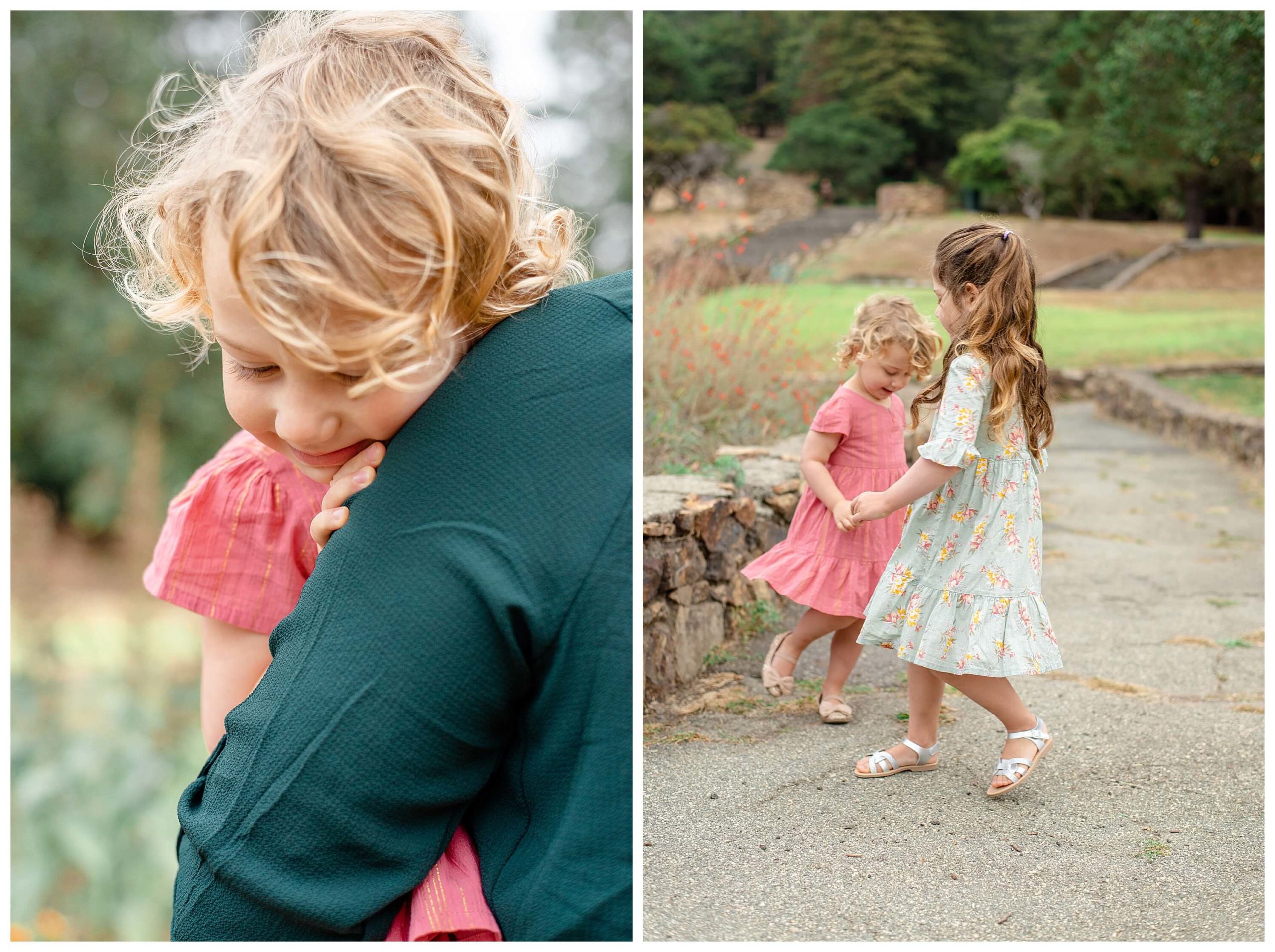 Left. A quiet moment as a toddler is held in her mother's arms after scraping her knee. Right: Two young sisters hold hands and dance in a park.