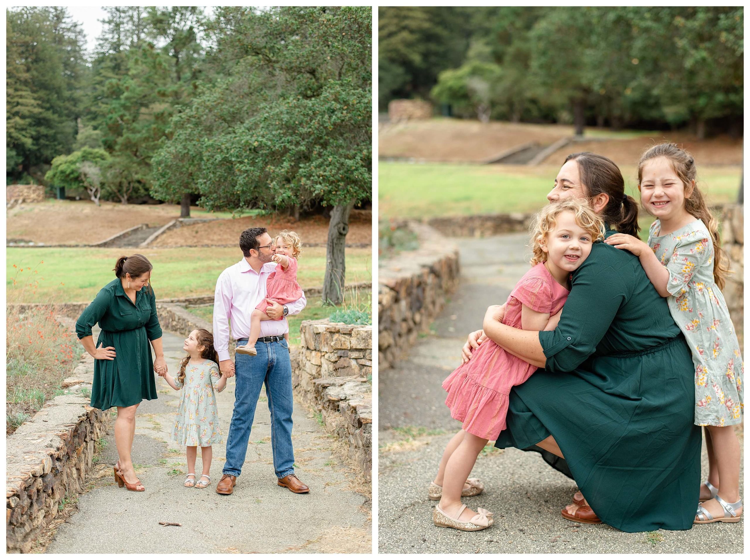 Left: A family of four stands on a pathway in a park. The father is holding a little girl who is pointing at the camera and laughing. Both parents hold the older daughter's hands as the mother smiles at her. Right: A mother bends down to hug her small daughter as her older daughter cuddles up behind her.