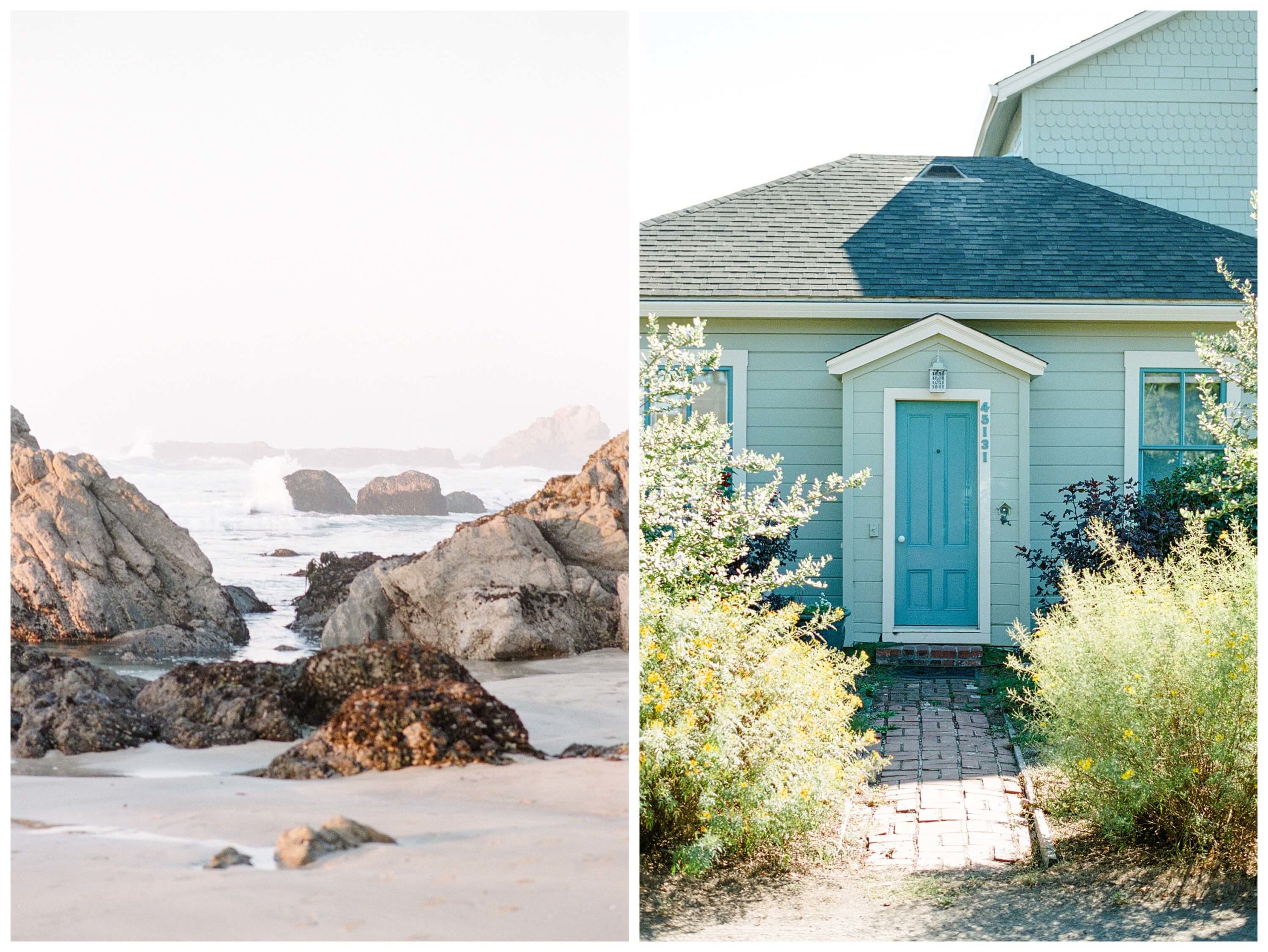 Left: A gentle sunset on Glass Beach in Fort Bragg, a northern California coastal town. Waves crash violently on the rocks. Right: A cheerful blue door spotted in the town of Mendocino, a northern California coastal town with New England saltbox aesthetic.