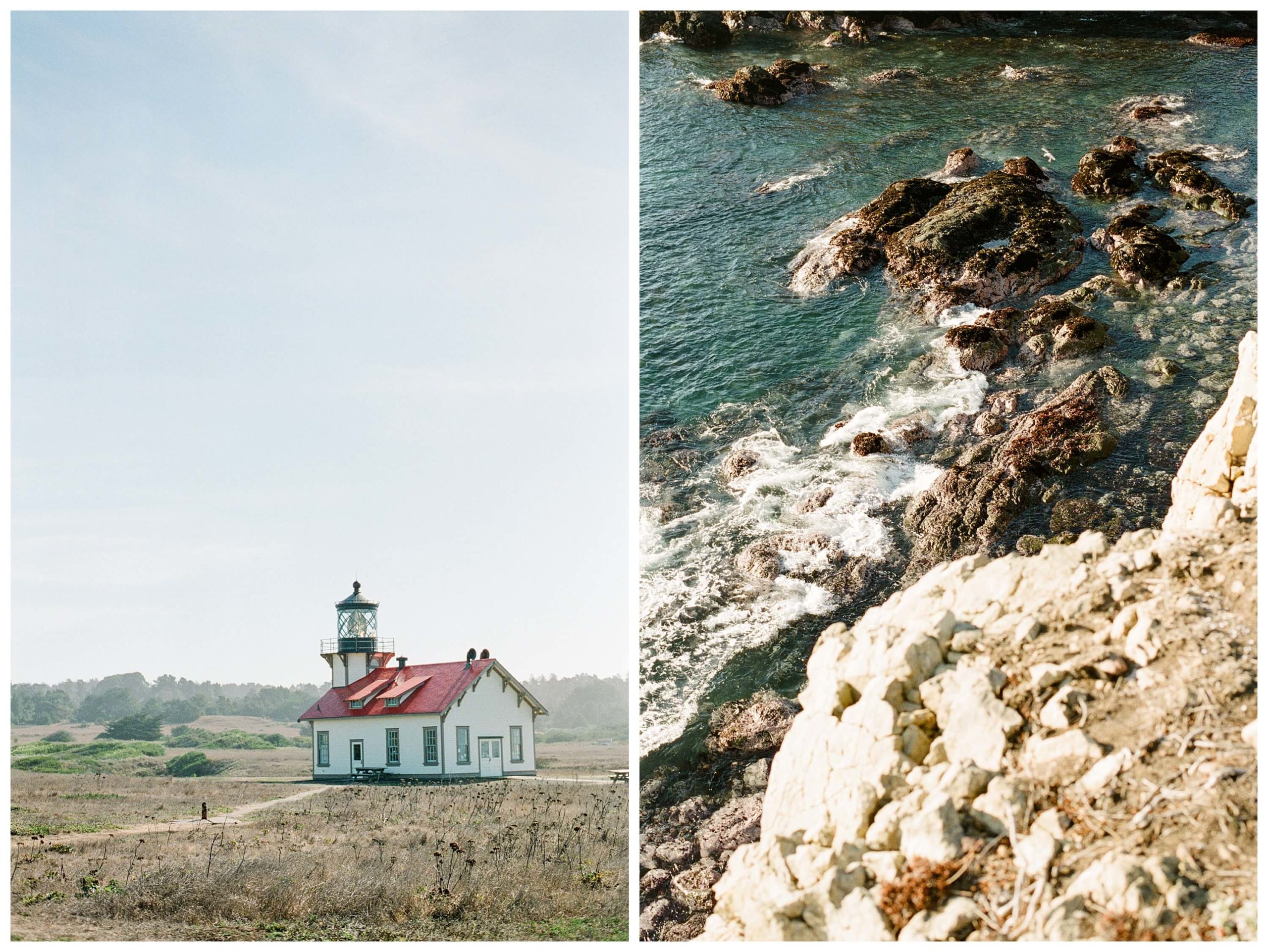 Left: The Point Cabrillo Lighthouse sits on the Mendocino coast, welcoming visitors with its red roof. Right: Turquoise waves crash on the rocks of Glass Beach in Fort Bragg.