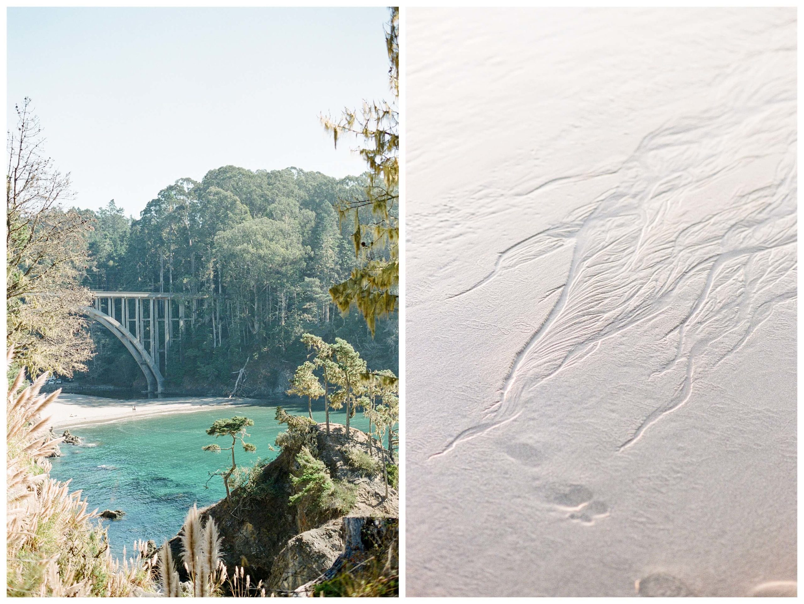 Left: A view of Russian Gulch between the trees, with its turquoise waters that meet the bridge that carries cars over the gulch. Right: Tracks in the sand left by the seaweed, pulled by the waves into the ocean.