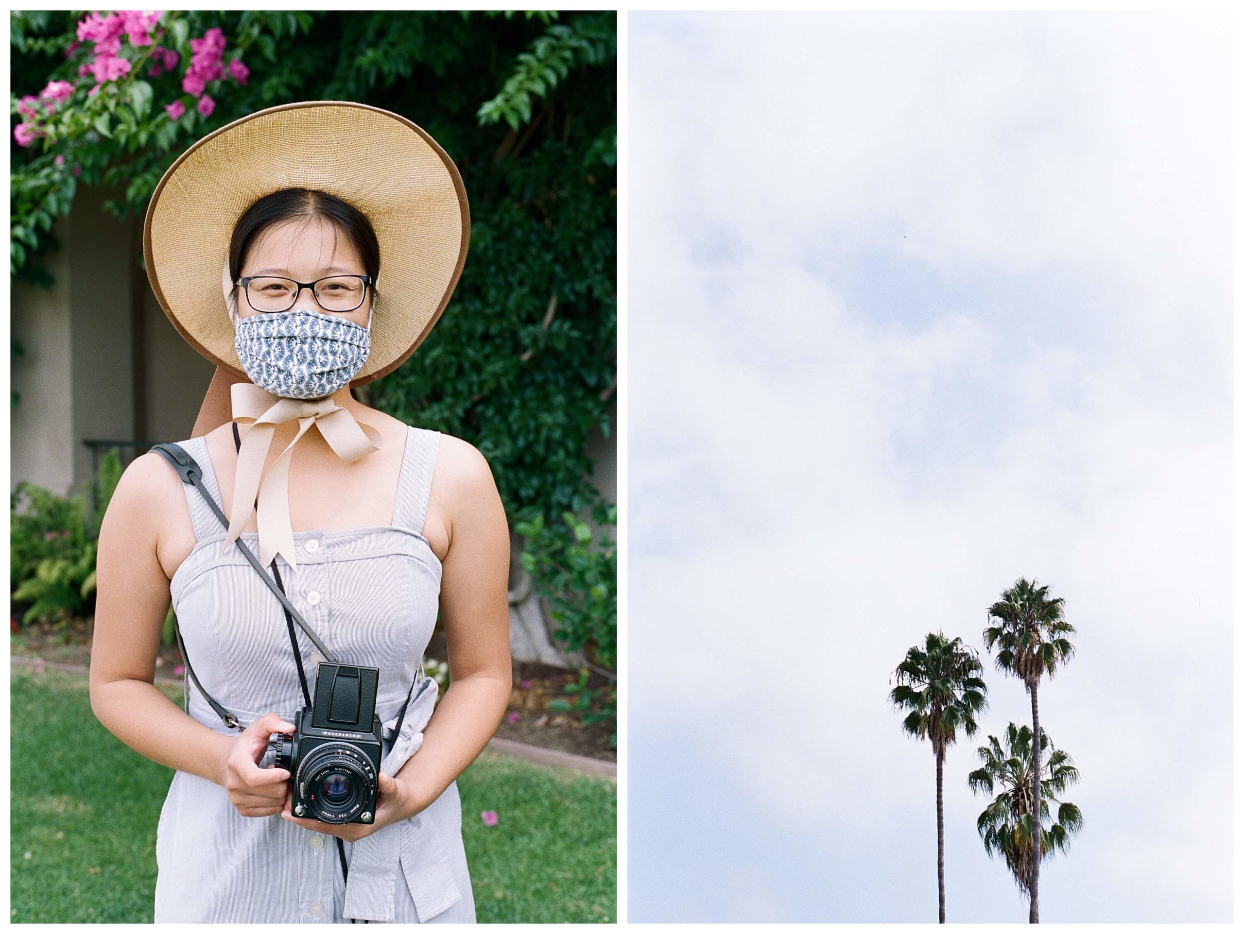 Left: Young woman wearing a wide-brimmed pale straw sunhat and glasses smiles from underneath a blue face mask. She is wearing a light blue sundress and is holding a Hasselblad. Right: Three palm trees rise against the sky in San Diego.