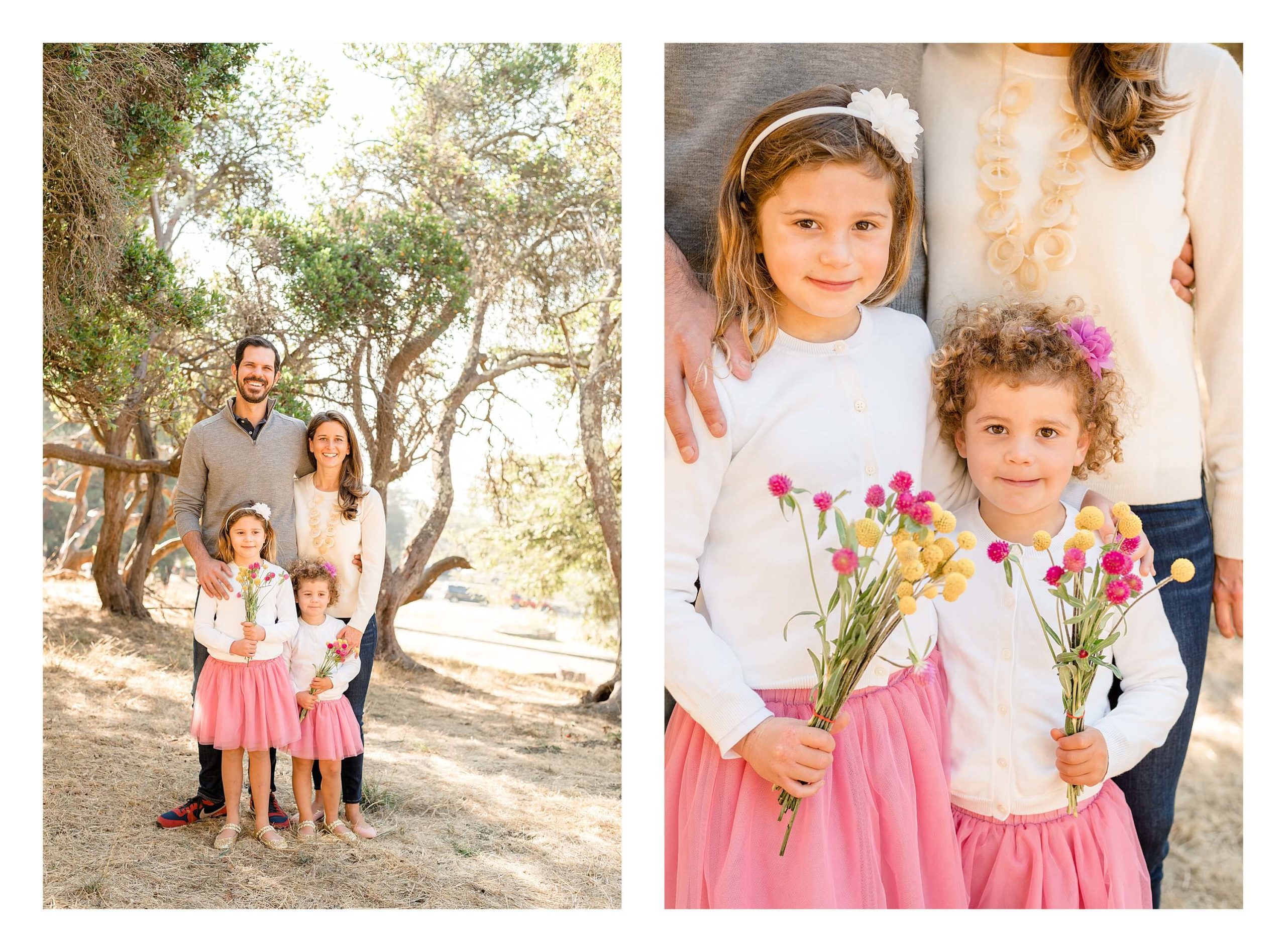 Left: A family of four smiles at the camera. The two little girls wear bight pink tutus and each hold a small bouquet of yellow and pink flowers. Right: Two sisters smile at the camera. They are wearing floral headbands, white sweaters, and fluffy tutus. They hold bouncy bouquets of yellow and pink flowers. Their parents stand behind them.