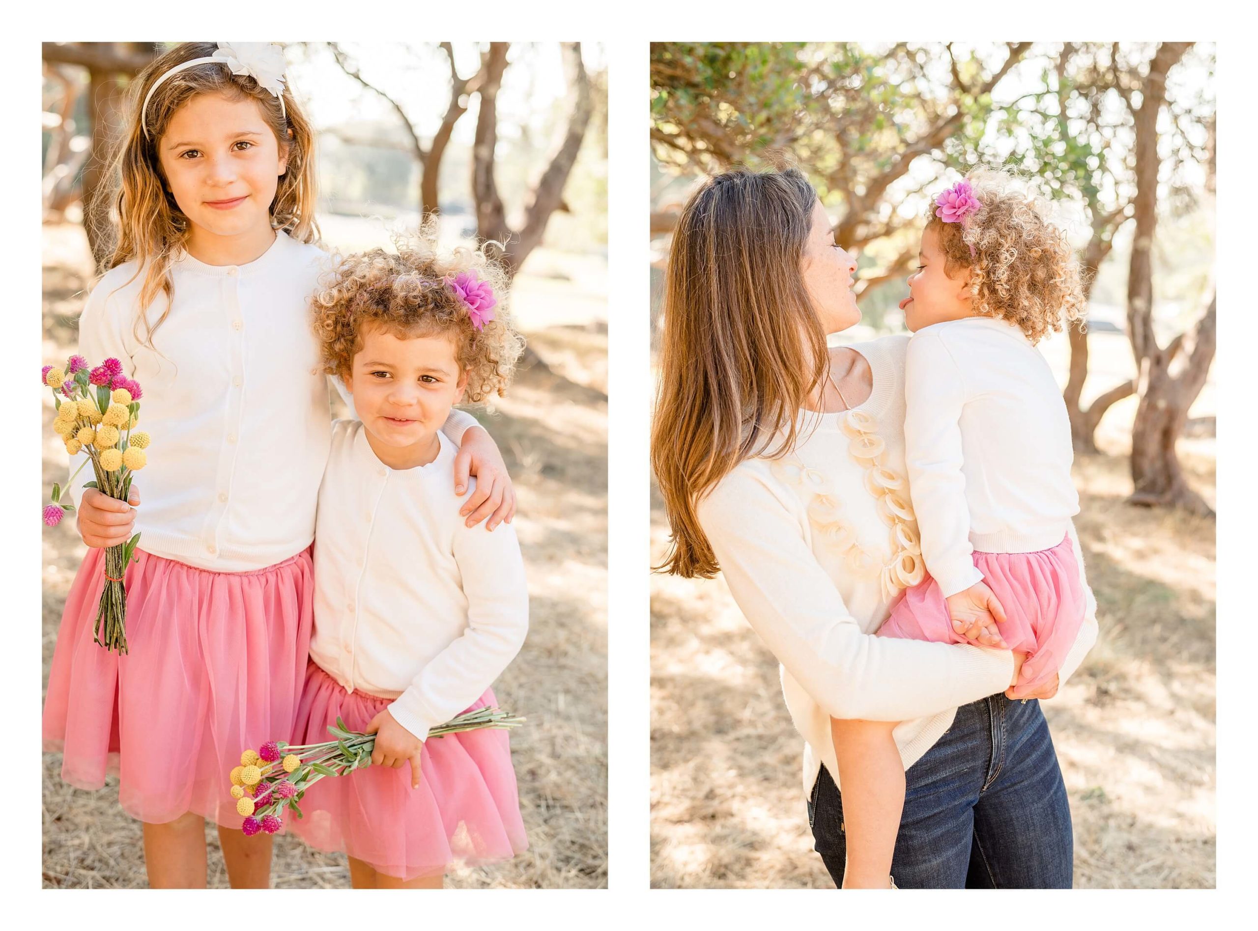 Left: Two sisters wearing pink tutus smile at the camera while holding small bouquets of flowers. Right: A mother holds her young daughter, who is playfully sticking out her tongue. 