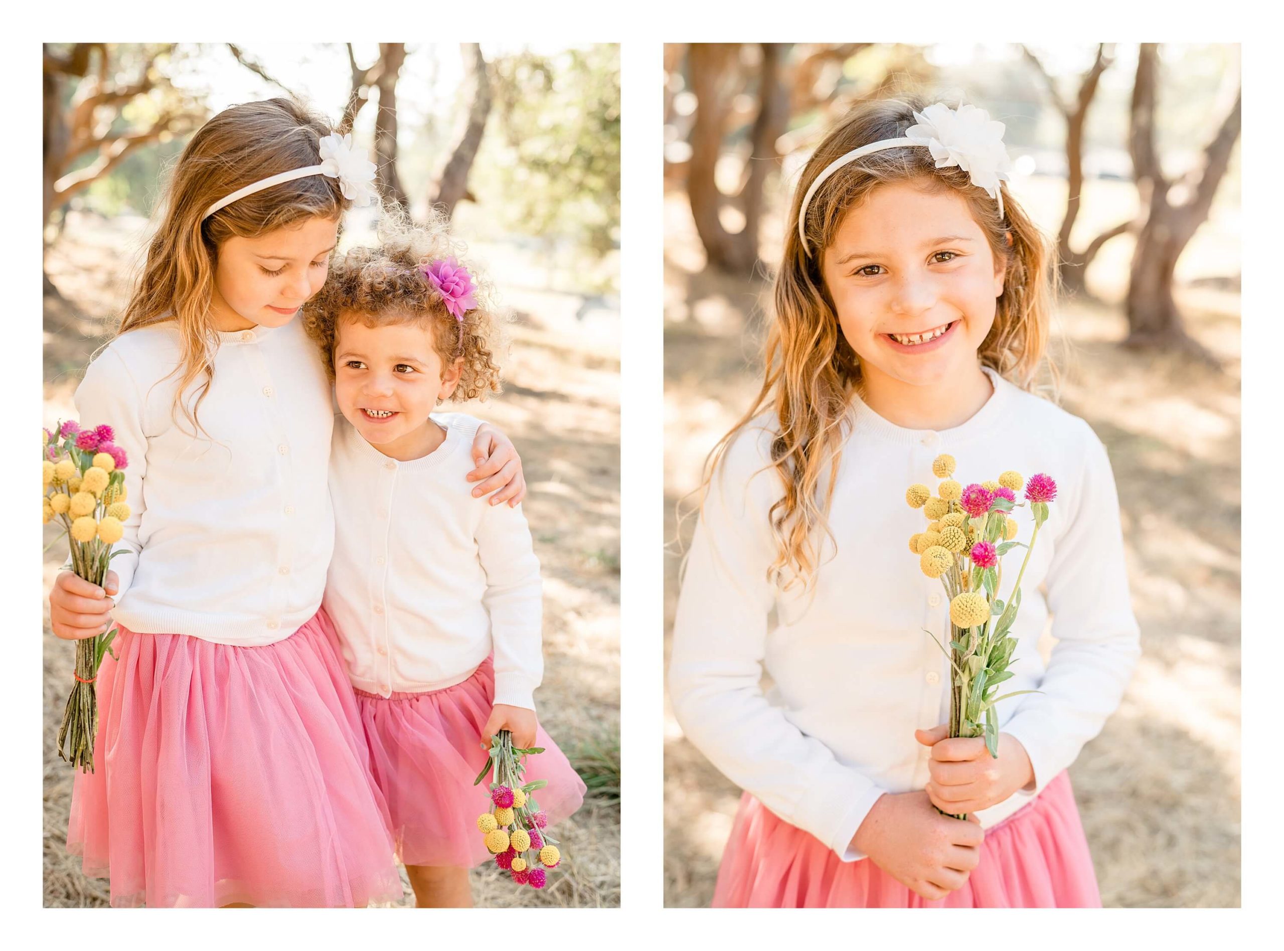 Two sisters wearing flower headbands hug each other. They are wearing pink tutus and holding bouncy bouquets. Right: A young girl smiles for the camera. She is wearing a white flower headband and holding a small bunch of flowers that compliment her pink tutu.