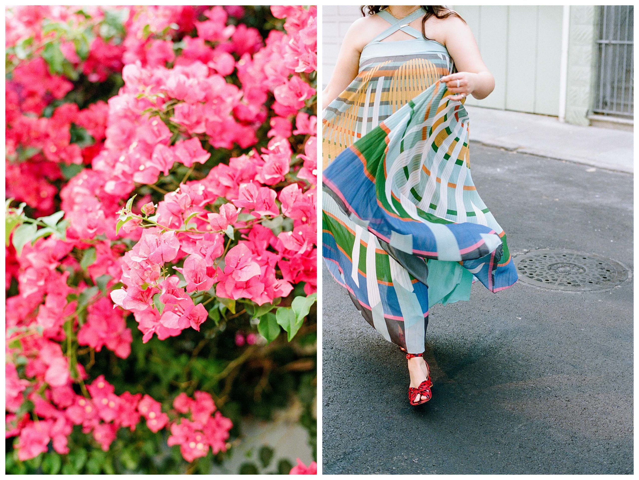 Left: A cascade of bougainvillea is caught in a ray of sunlight. Right: A girl wearing a multi-colored flowing dress sashays across the street, swishing her skirt.