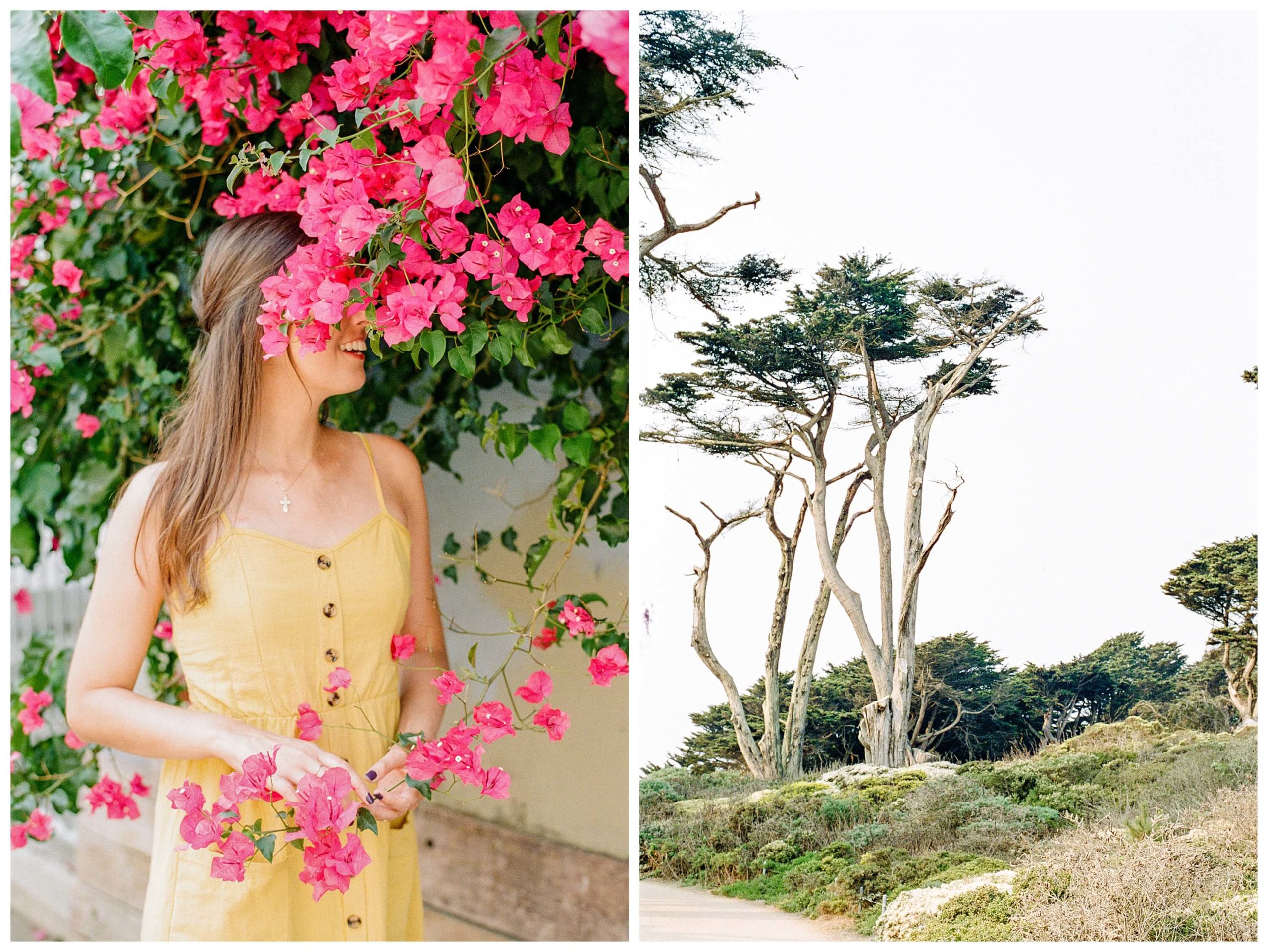 Left: A girl wearing a mustard-yellow sundress, her face hidden by a cluster of bougainvillea, smiles as she holds another vine. Right: Cypress trees rise towards the sky during a sunset at Sutro Baths in San Francisco.