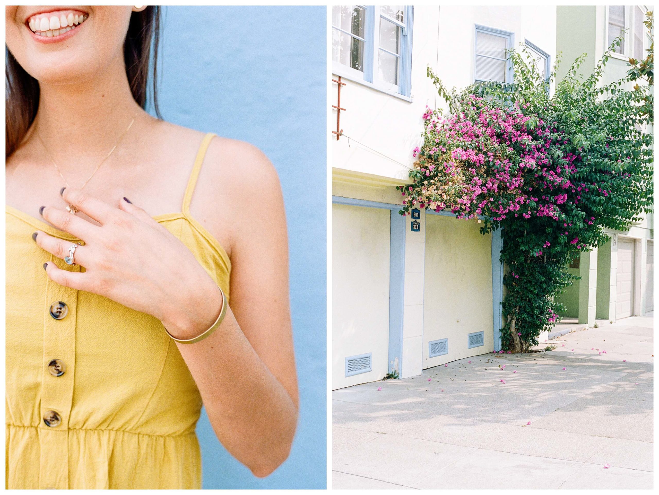 Left: A girl in a yellow dress gently rests her left hand on her chest so that the viewer can see her blue ring, which matches the blue wall behind her. Right: An abundance of purple flowers overflows from the vines over a garage in San Francisco.