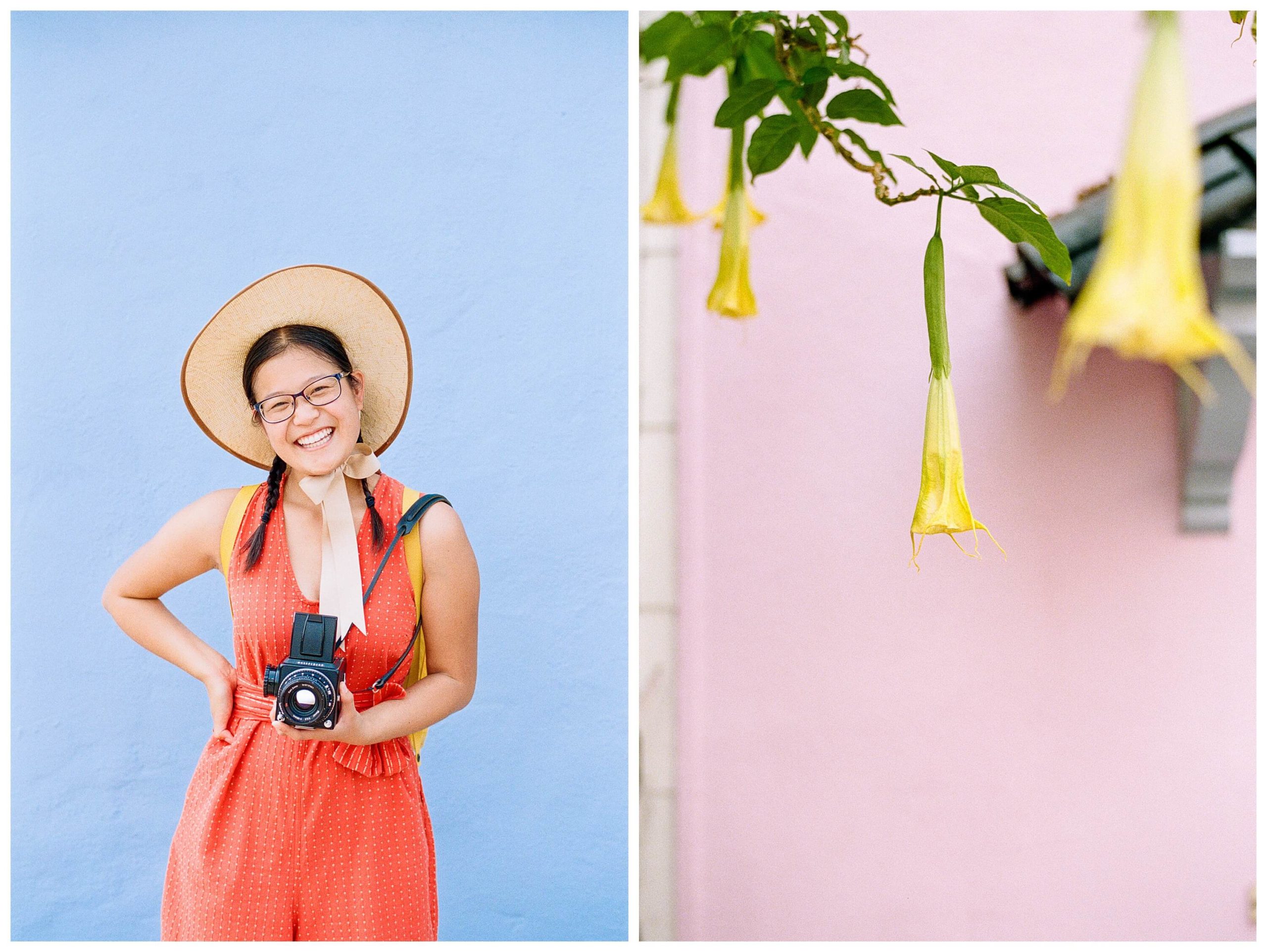 Left: A girl wearing a large sunhat and orange romper holds a Hasselblad film camera while standing in front of a blue wall. Right: A trio of yellow trumpet flowers droop lazily in front of a pink wall.