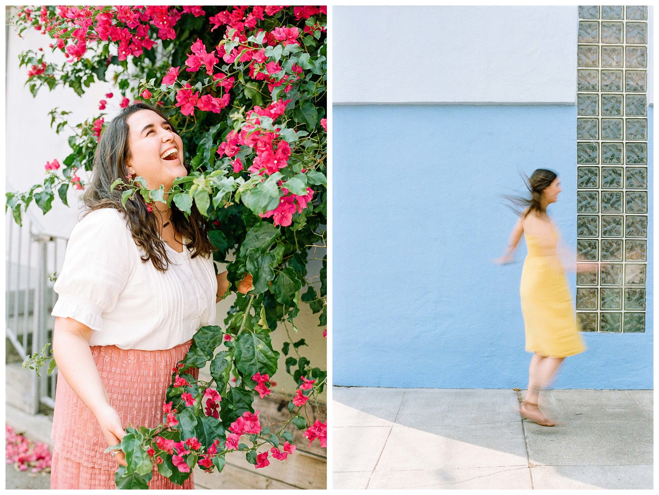 Left: A girl stands in a cascade of bougainvillea, looking up and laughing at the flowers. Right: A blur of a girl in a yellow dress dances across the sidewalk in front of a blue wall. The girl's movements are blurry to convey movement through the photo.