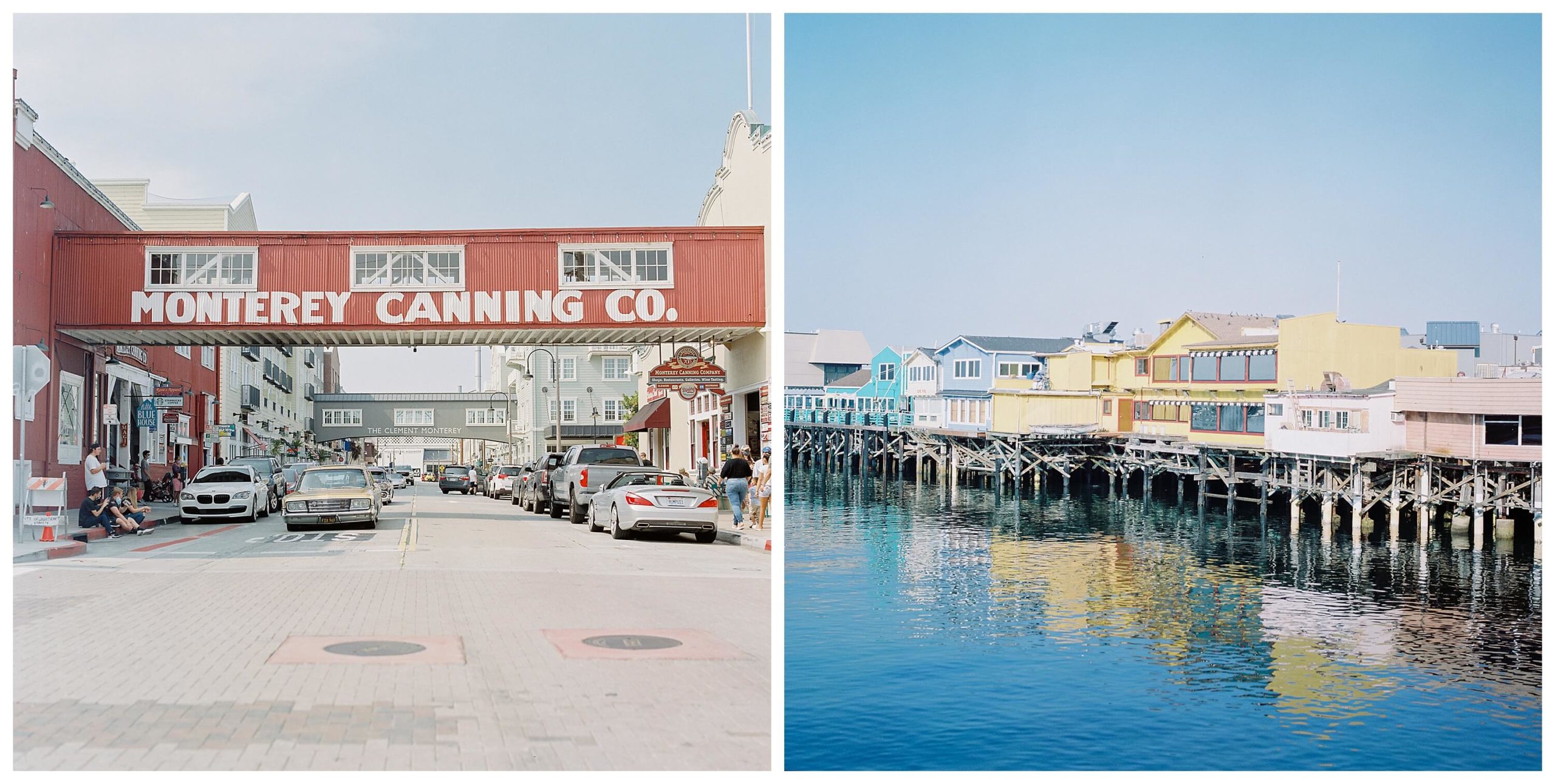 Left: A vintage car sits at the stop sign in front of a skywalk that straddles Cannery Row. The skywalk, a burnt orange-red color, reads "Monterey Canning Co." in large, capital white letters. Right: Old Fishermans Wharf, which sits on the water, boasts colorful yellow, pink, and blue buildings which are reflected in the water below. They sit, raised on the piers.