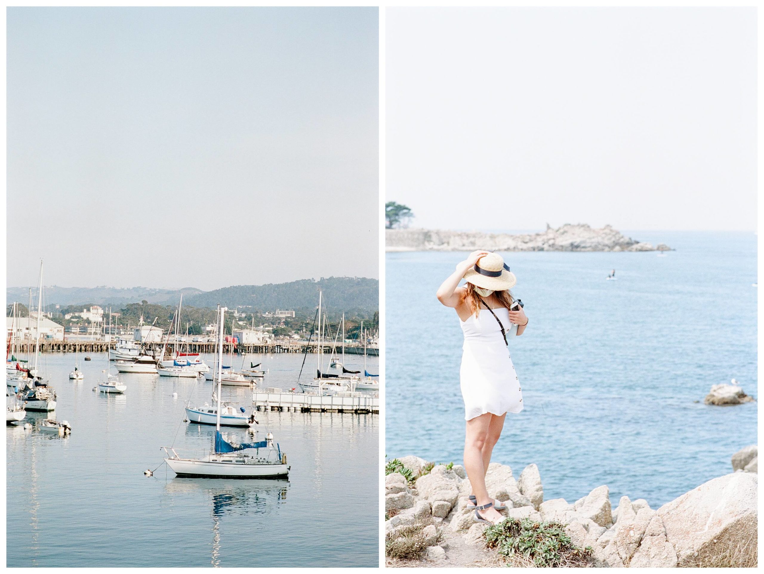 Left: Small sailboats dot the harbor on a sunny day in Monterey, California. Right: A girl in a white, knee-length sundress holds onto her wide-brimmed straw hat as she balances on the rock at Lovers Point, Monterey.
