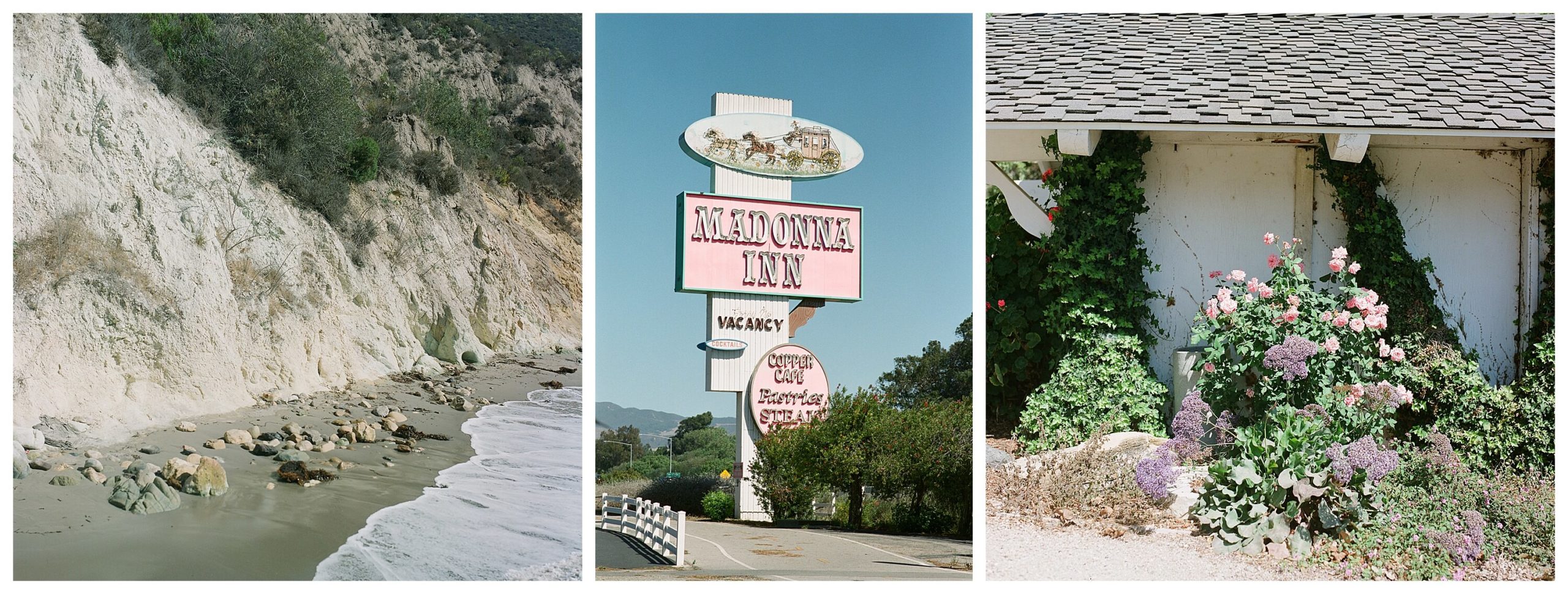 Things to do in San Luis Obispo. Left: The waves wash up on the shore at Pirate's Cove. The sun shines brightly on the sand. Middle: The pastel-pink Madonna Inn sign greets visitors in San Luis Obispo. Right: At a garden in the Madonna in, a bundle of pink flowers bloom against a French country style structure. Tiled, slanted roof that provides a bit of shade from the intense morning sun.