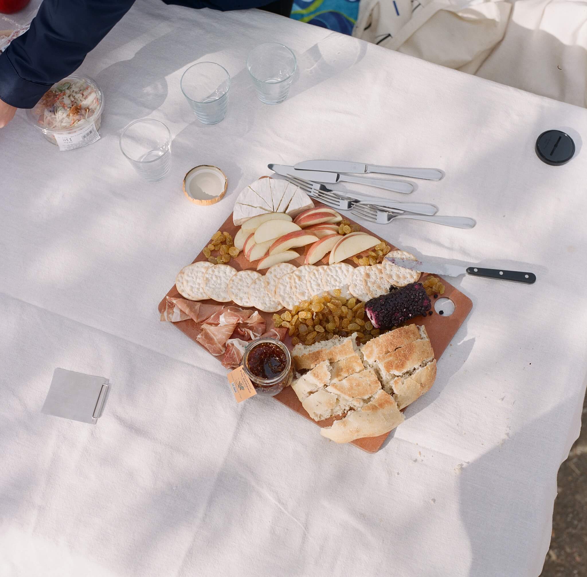 A picnic charcuterie board overflows with focaccia, prosciutto, golden raisins, blueberry goat cheese, apples, and brie. Cutlery is scattered around on the tablecloth beside the board. Gentle winter sunlight casts a soft shadow. 