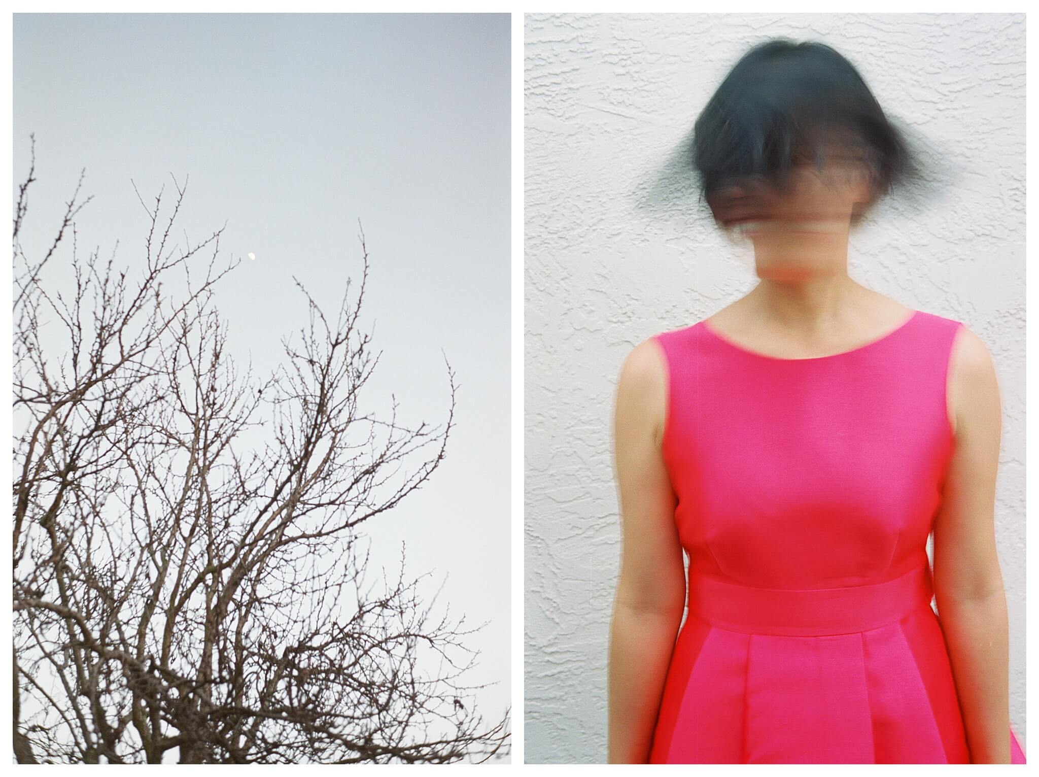 Left: The spindly branches of a plum tree rise toward the winter sunset. Right: A girl in a neon-pink dress stands in front of a white wall. Her face and hair is blurred as she shakes her head back and forth.