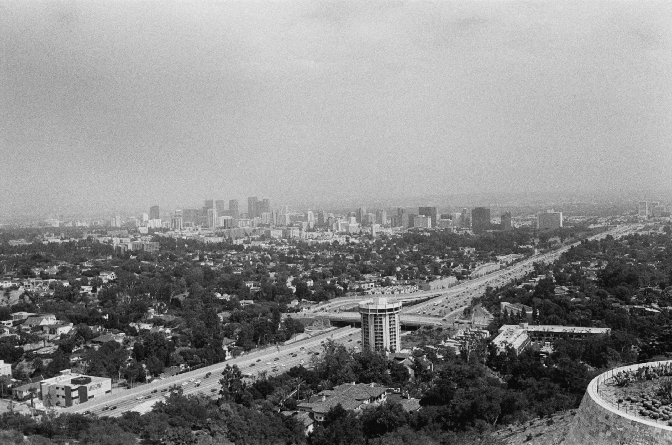 rollei 35 sample photo on ilford hp5 film. bird's eye view of los angeles from the getty museum.