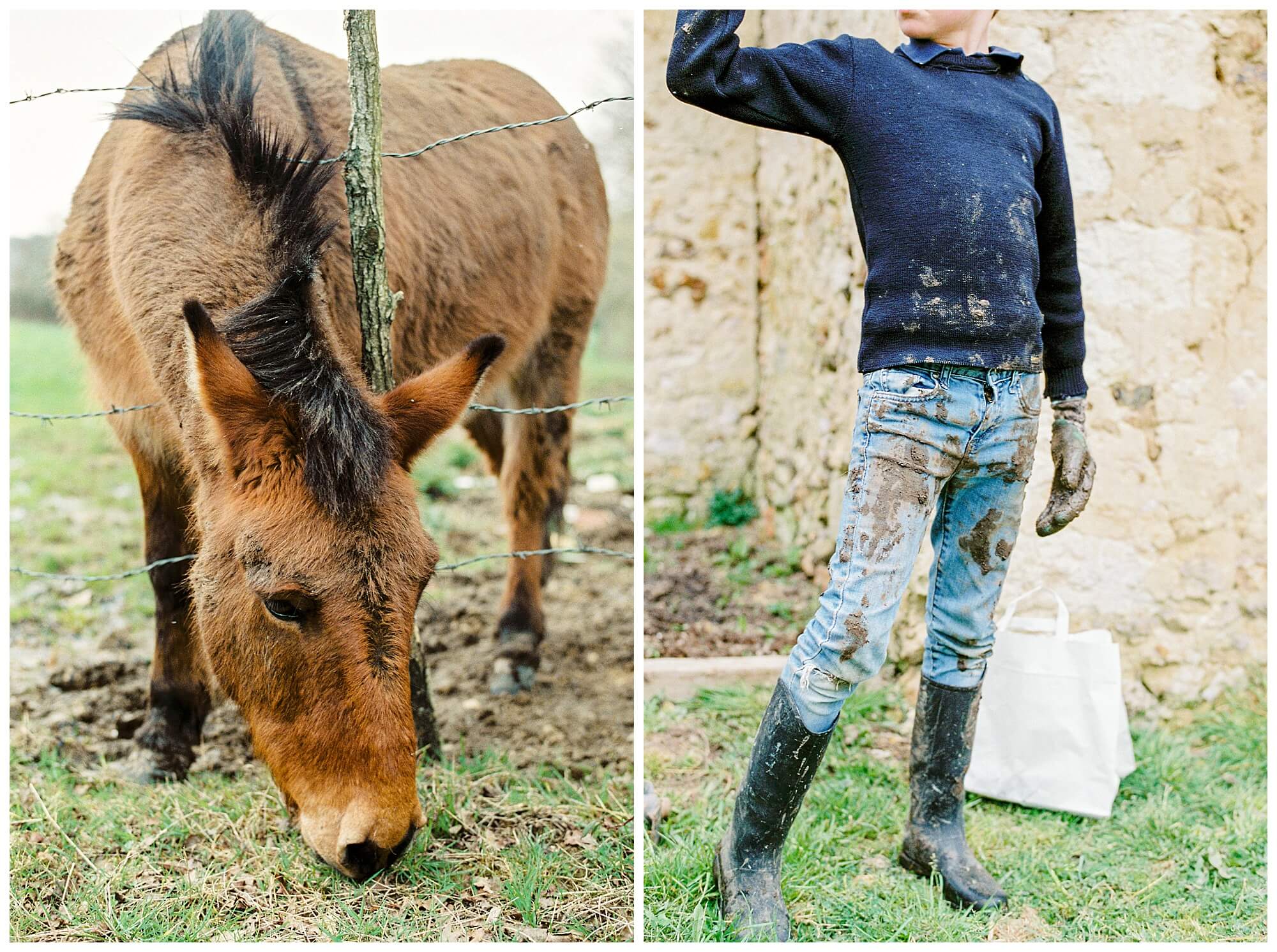 Left: The neighboring donkey grazes on grass. Right: A young boy's sweater and jeans are covered in mud from working in the garden at the French country cottage.