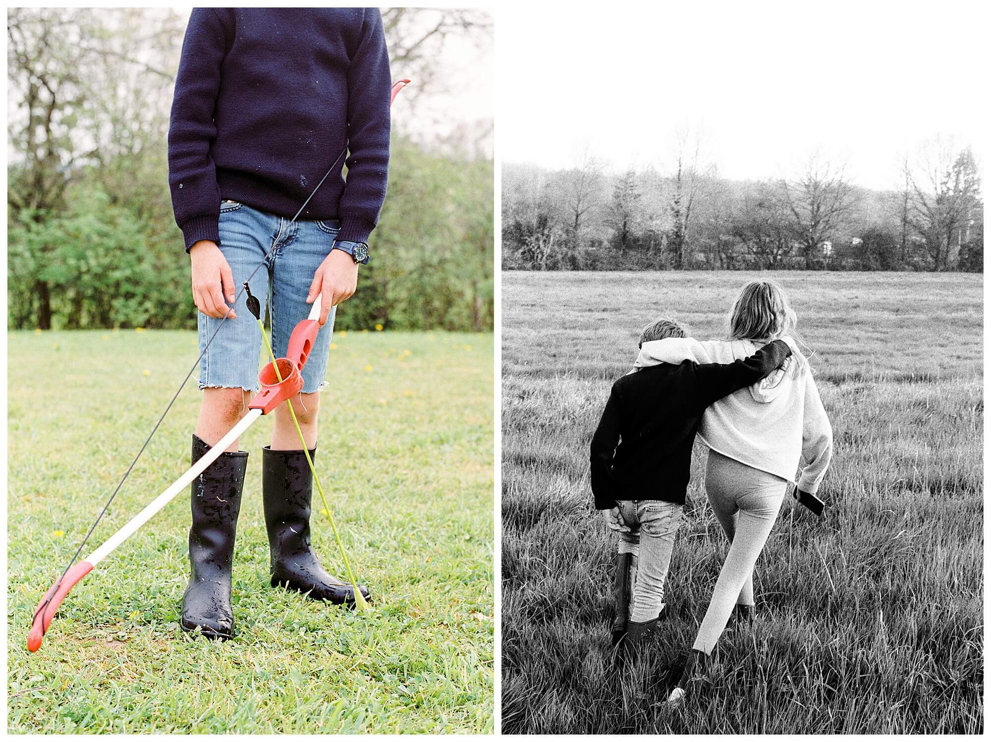Left: A young boy holds a rubber bow and arrow set. Right: Two siblings tromp through an overgrown field with their arms slung over each other's shoulders.