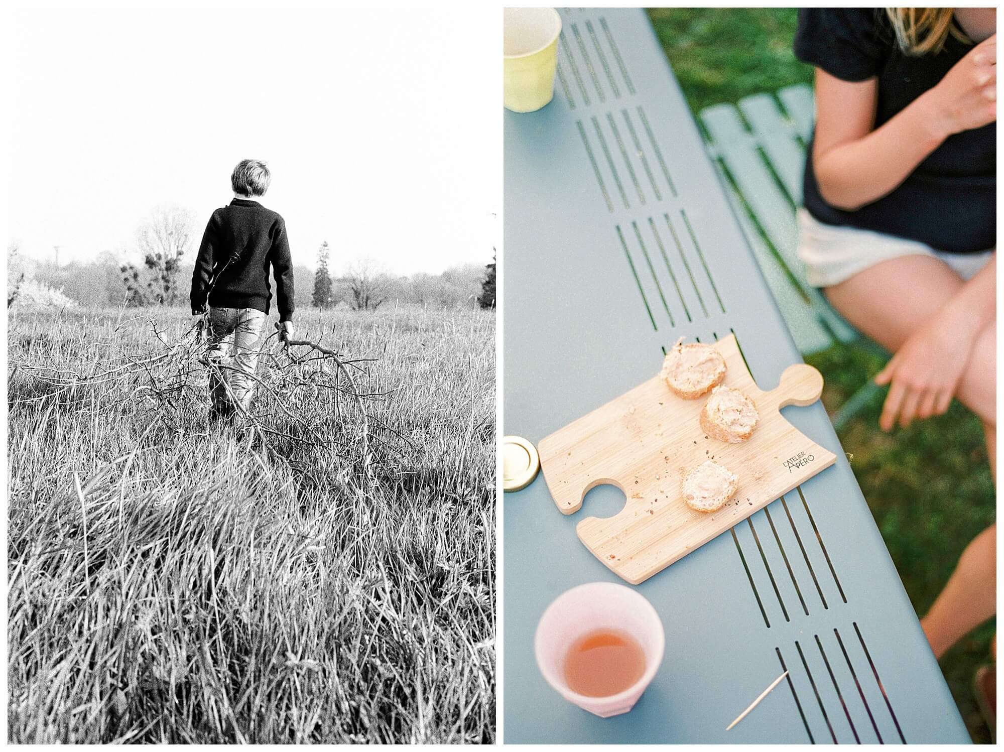 Left: A young French boy drags two large tree branches behind him through an overgrown field in the countryside. Right: The garden table is strewn with cups of apple juice and a plank of break and rillettes.