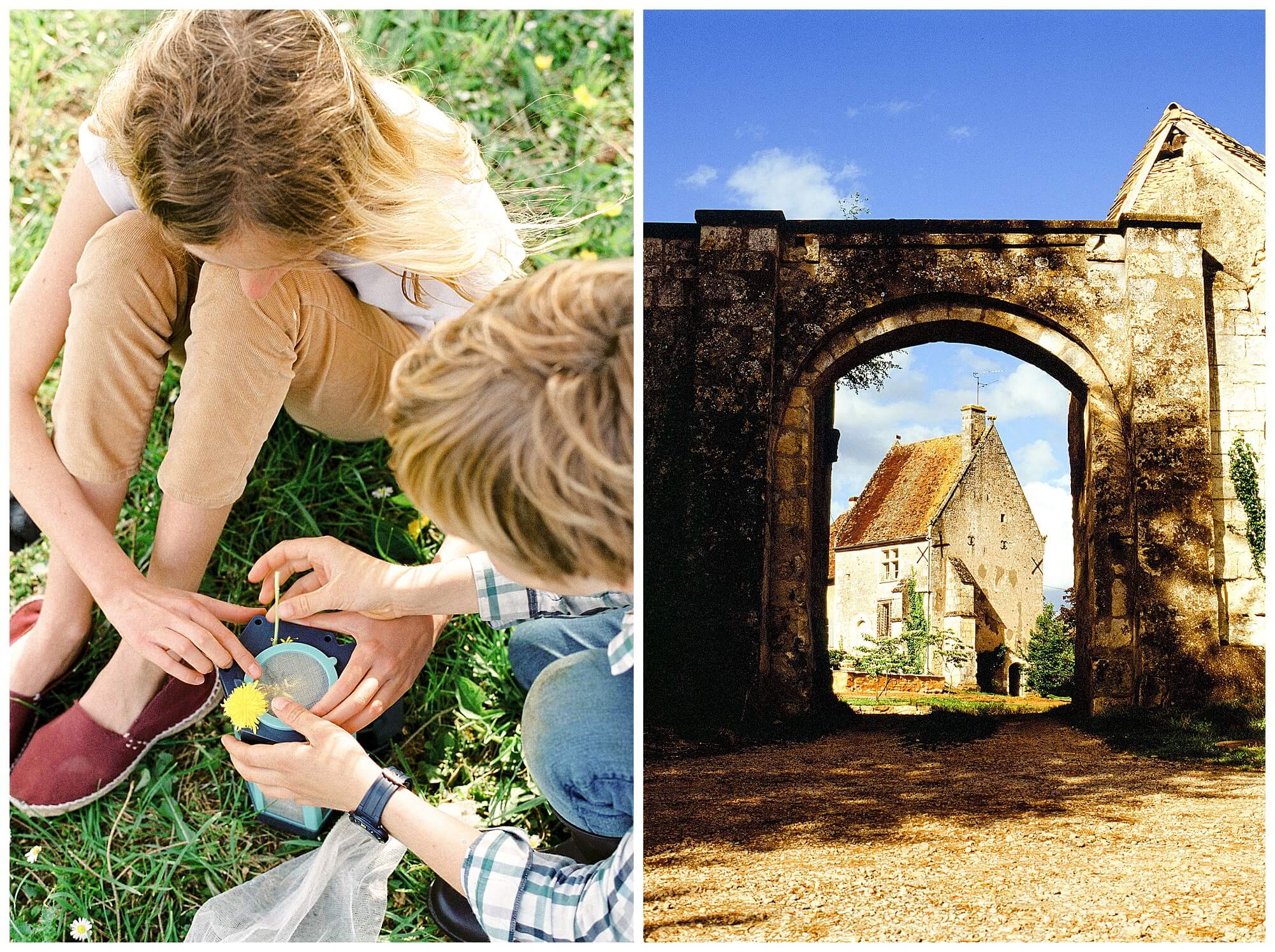 Left: Two French children peer into a butterfly cage in the countryside during the COVID 19 quarantine. Right: A manor house in the French countryside.