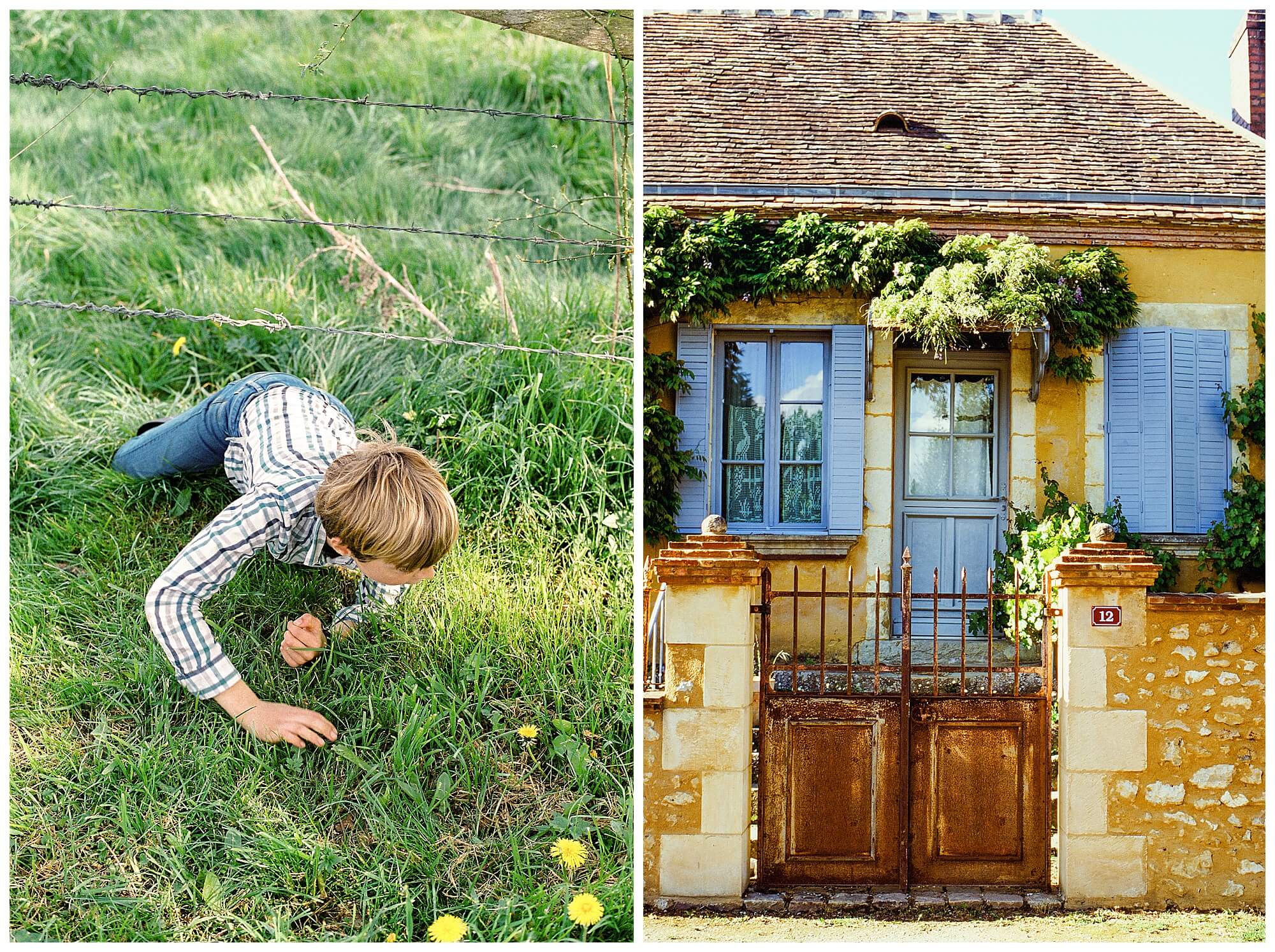 Left: A French boy crawls under a barbed wire fence in the French countryside during the COVID 19 quarantine. Right: A mustard yellow house with periwinkle blue shutters in the countryside.