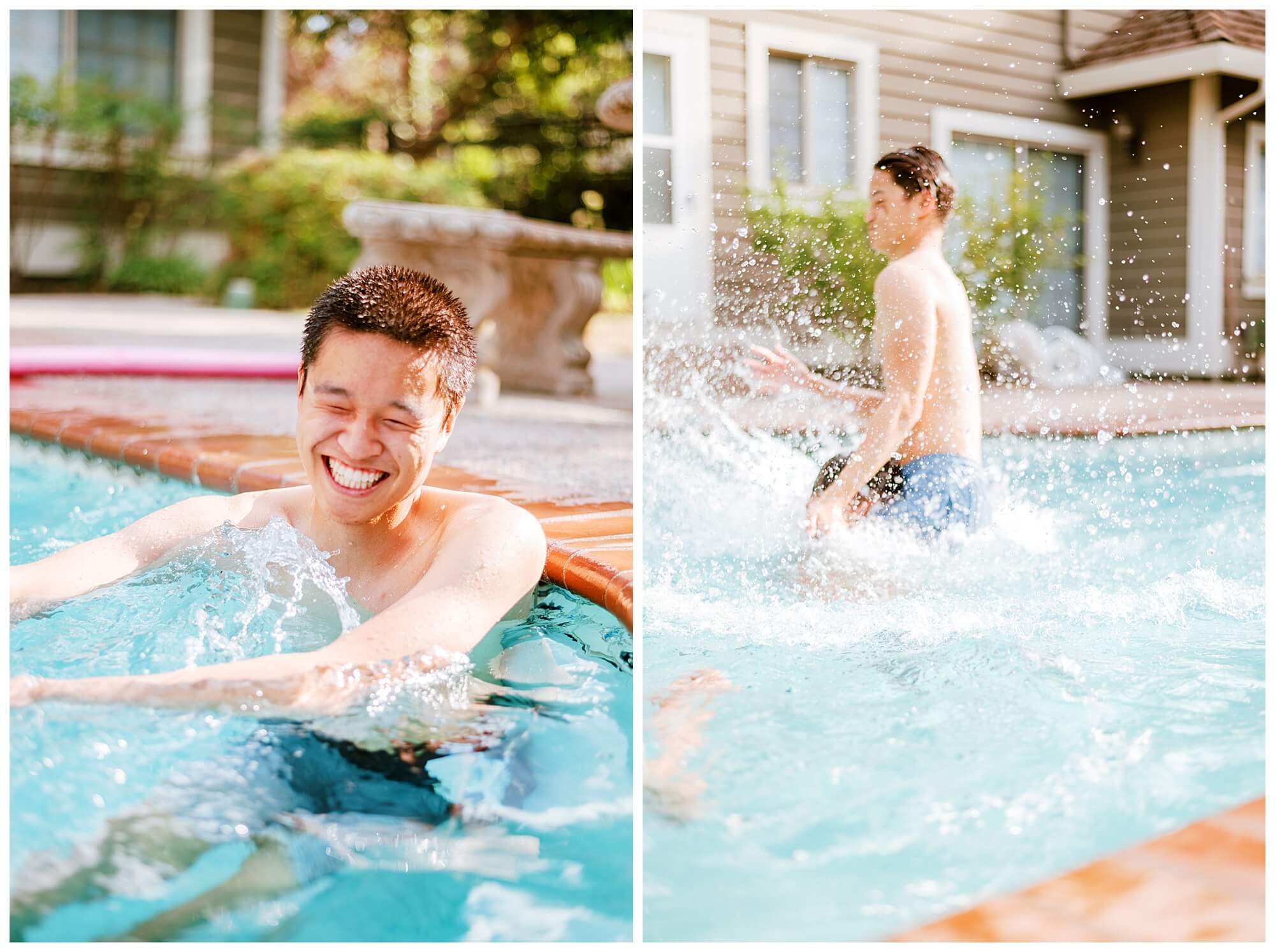 Bay Area portrait photography family lifestyle session in a backyard pool.