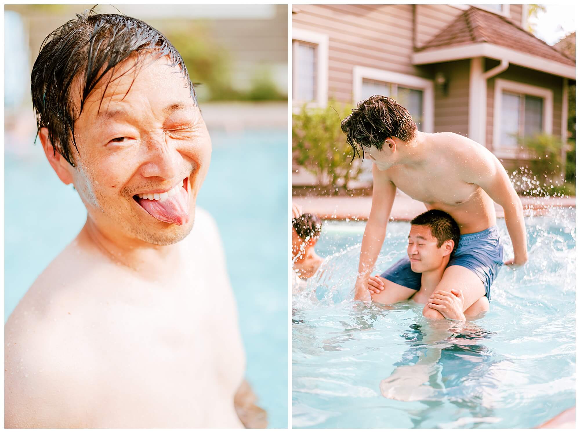 Bay Area portrait photography family lifestyle session in a backyard pool.