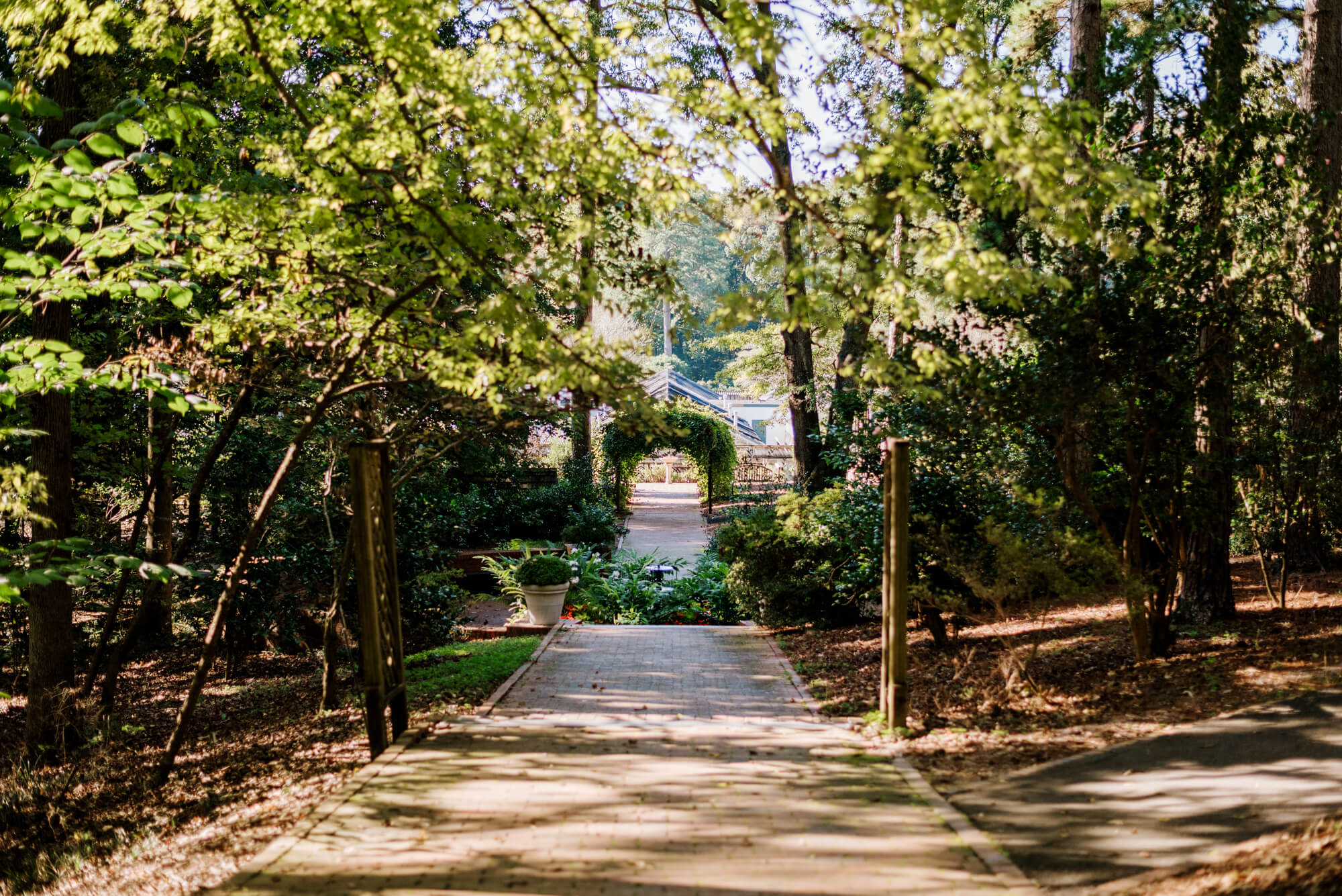 A quiet pathway with fountain at the Birmingham Botanical Gardens 