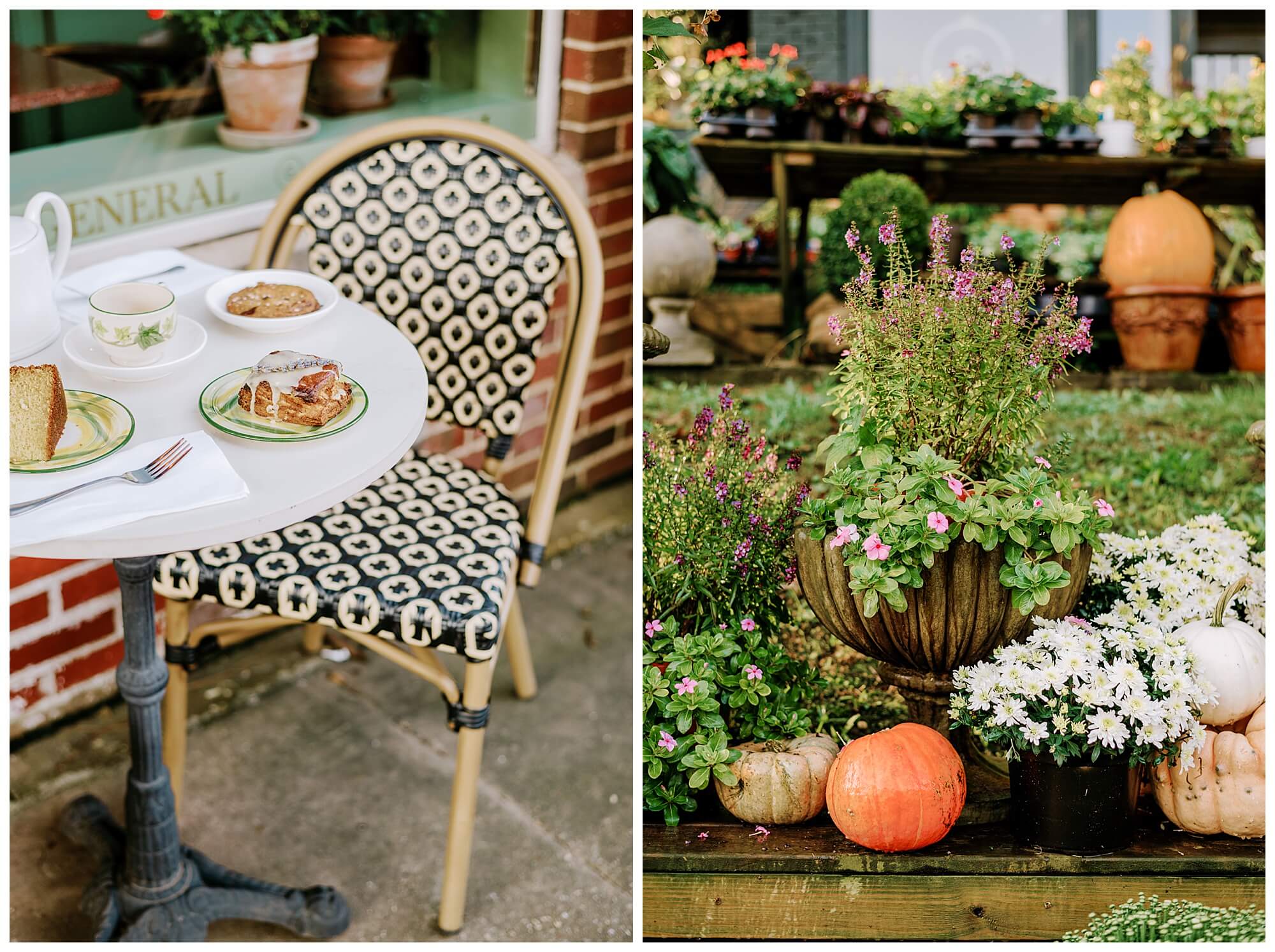 Left: French-style café chair and table with pastries at General Birmingham right: planter with flowers and pumpkins at Shoppe Birmingham