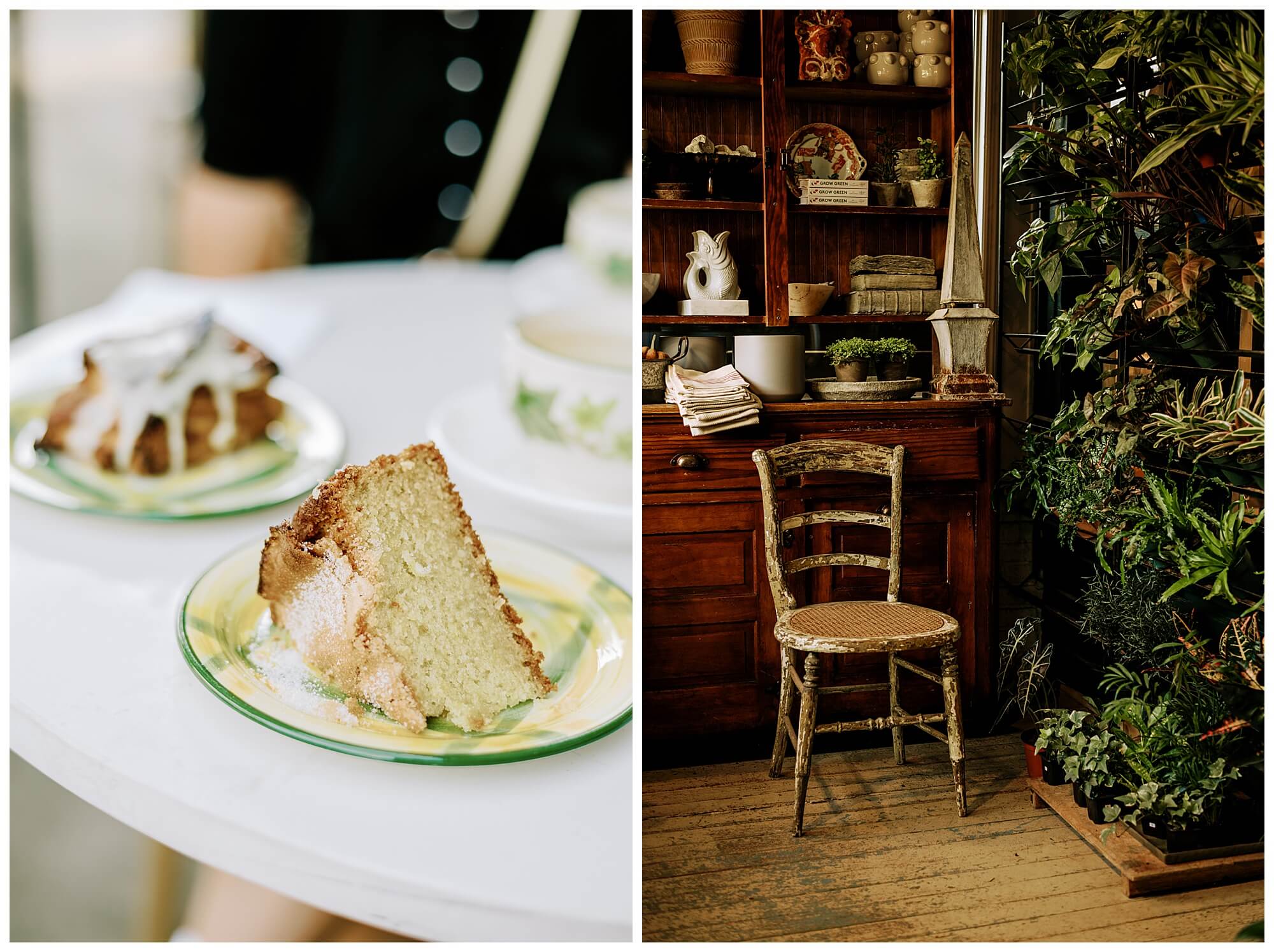Left: olive oil cake at General Birmingham Right: Wall of plants at Shoppe Birmingham