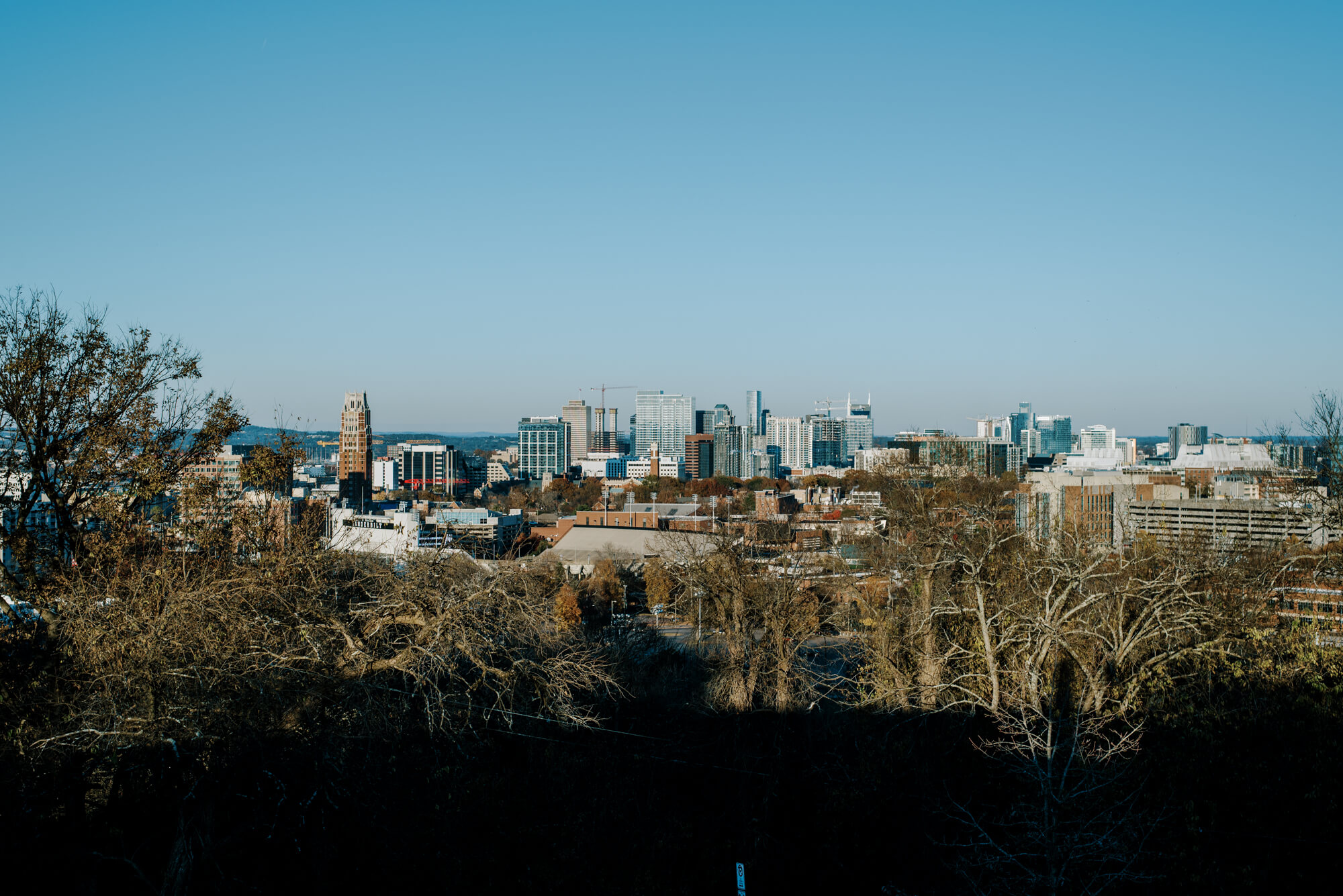 Nashville skyline at sunset from Love Circle, a small hilltop by Centennial Park