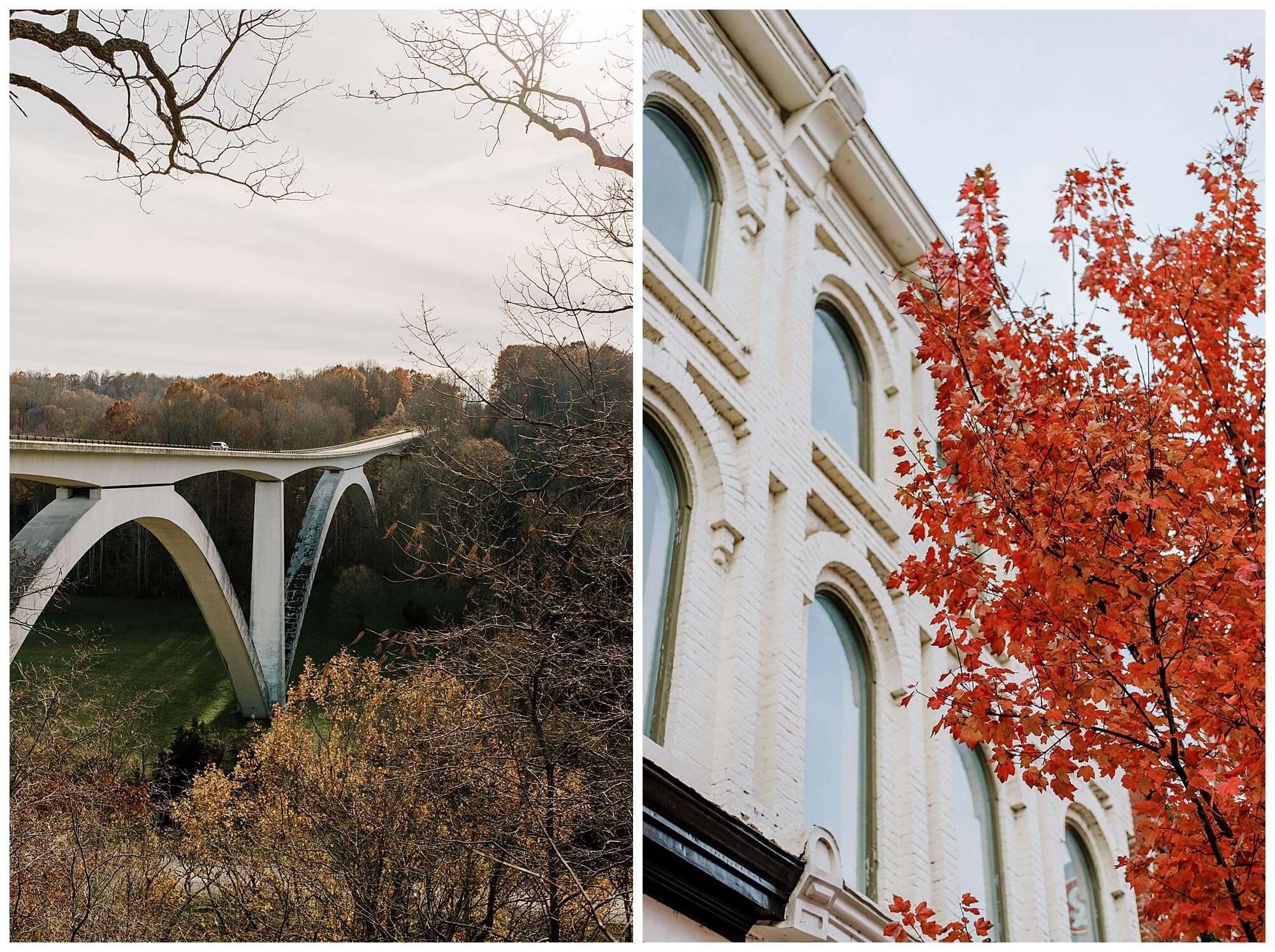 Left: the Natchez Trace Parkway Bridge stretches across and above the state route 96 at sunset. Right: bright red fall leaves next to a white, old-fashioned brick building in Franklin, Tennessee at sunset.